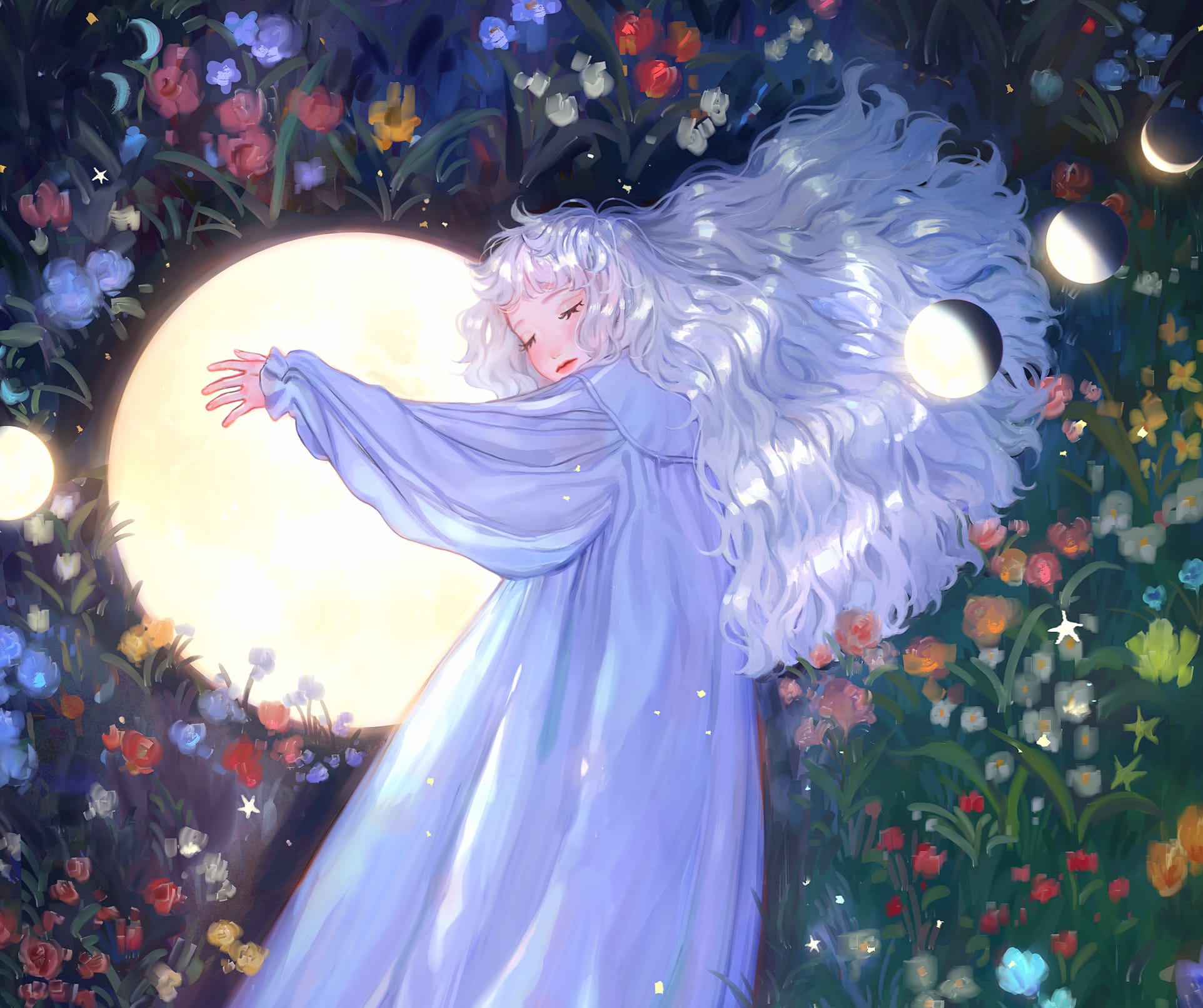 Night Star Moon Fantasy Flower Anime Girl Anime Girl wallpapers HD quality