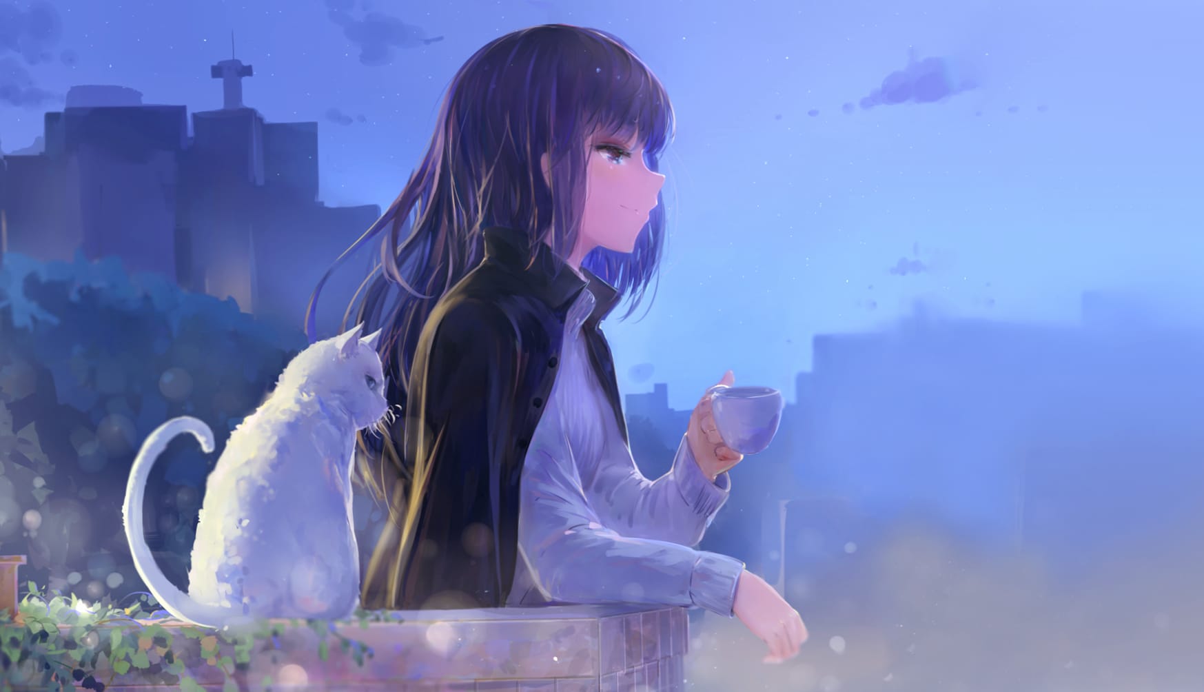 Nighttime Serenity Purple-Haired Anime Girl and Cat at 750 x 1334 iPhone 6 size wallpapers HD quality