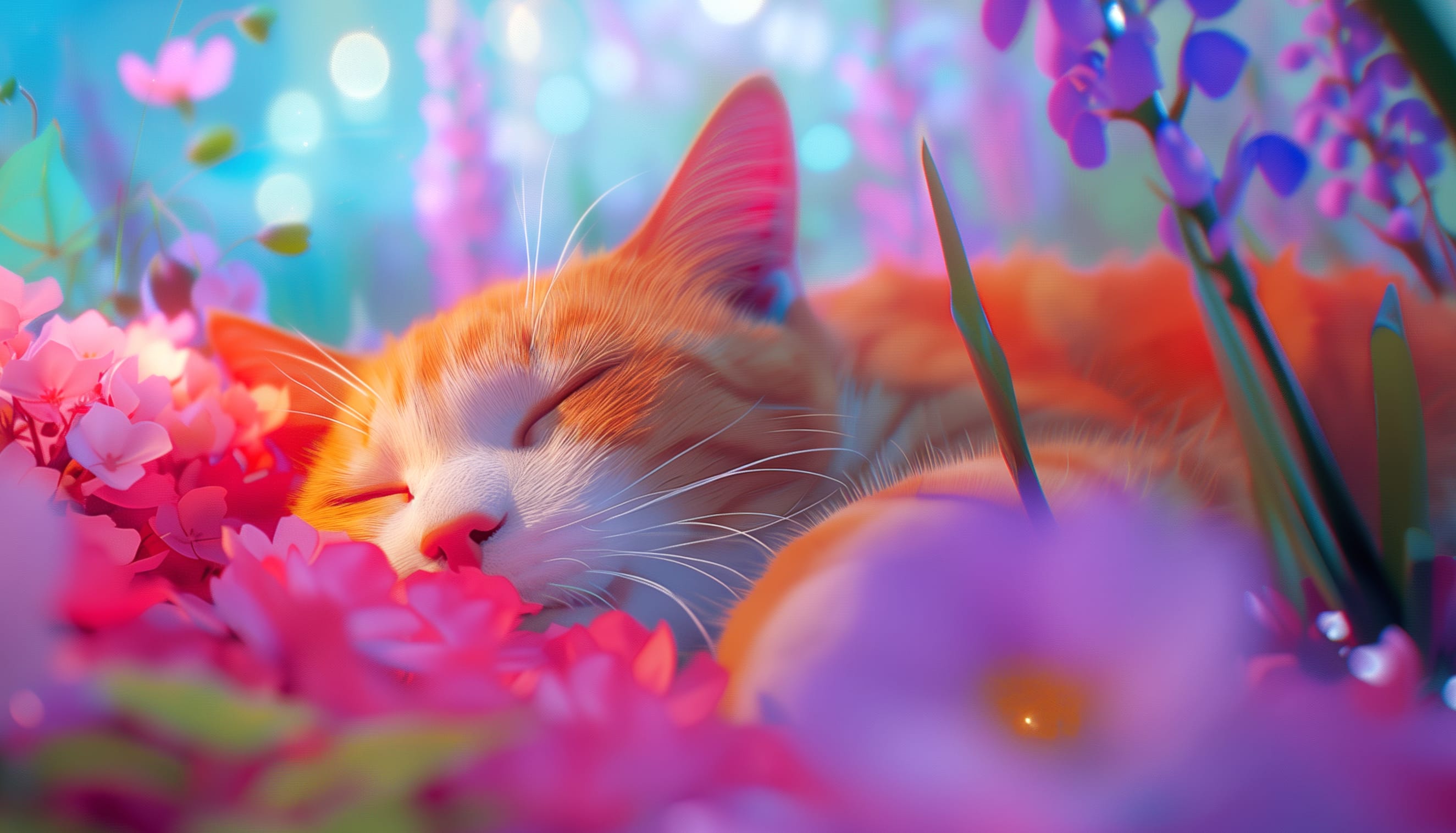 Peaceful Sleeping Cat in Floral Paradise wallpapers HD quality