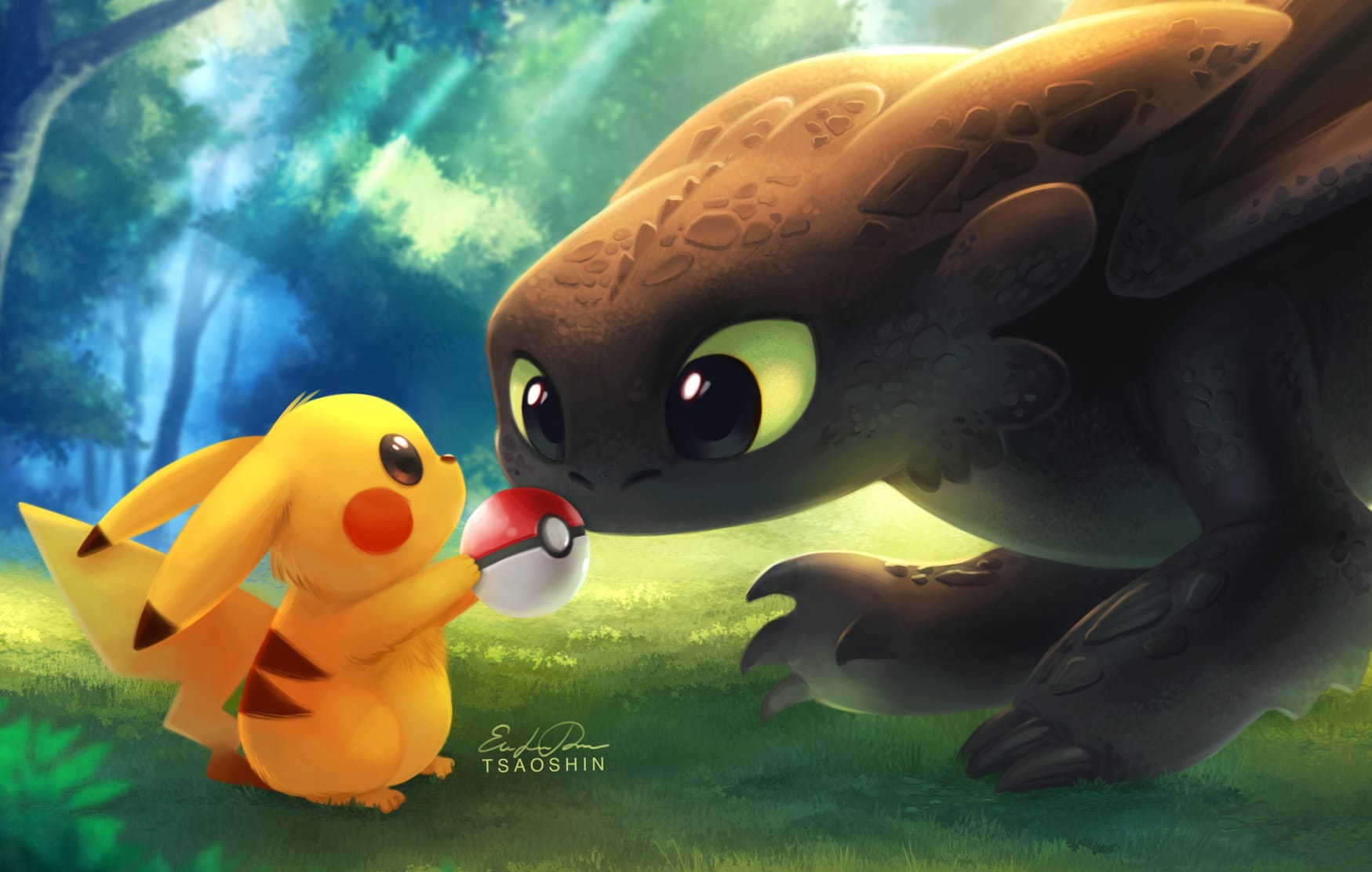 Pikachu Meets Toothless at 2048 x 2048 iPad size wallpapers HD quality