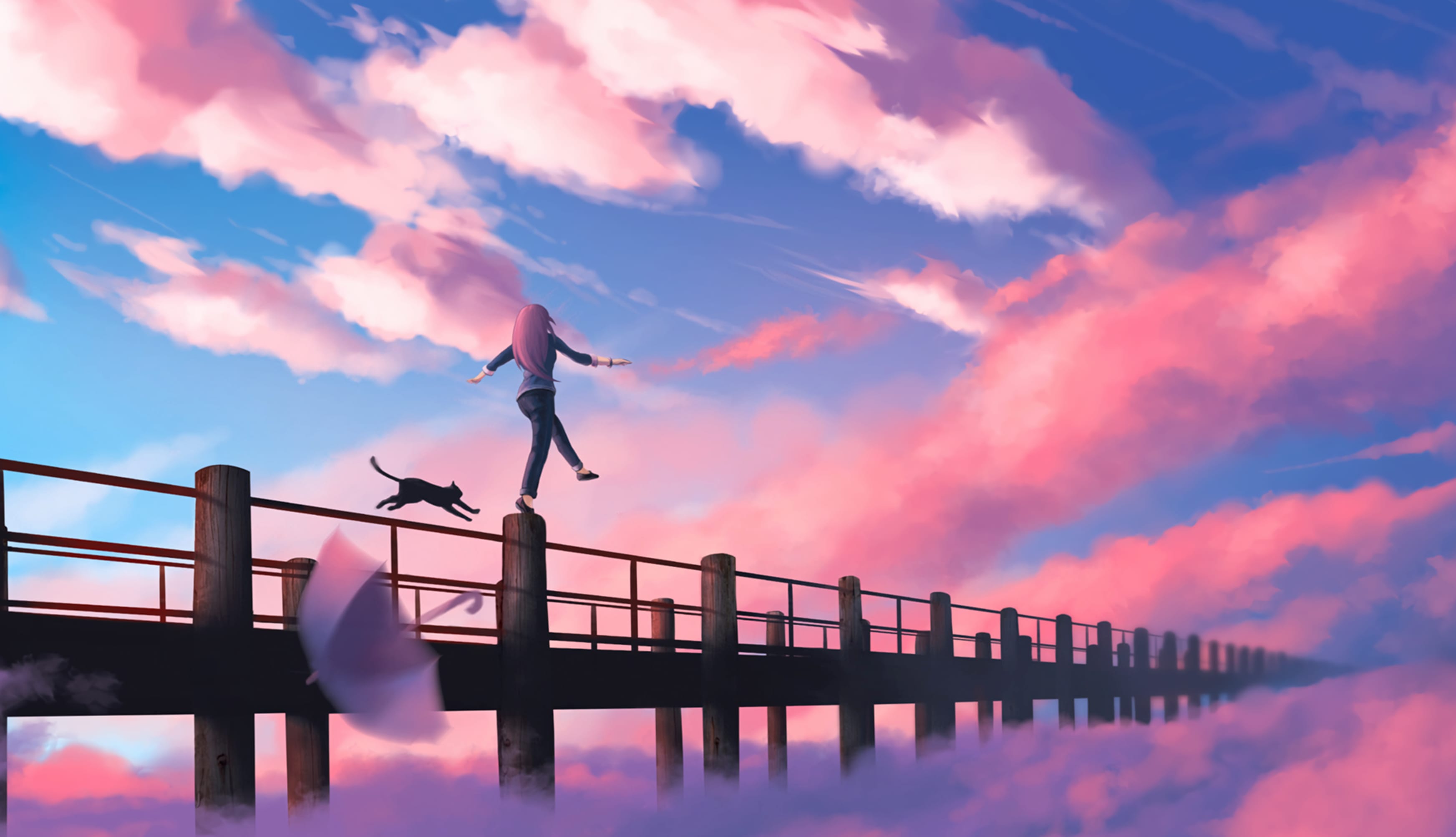 Pink Skies with Anime Girl and Cat - at 1920 x 1080 HD size wallpapers HD quality