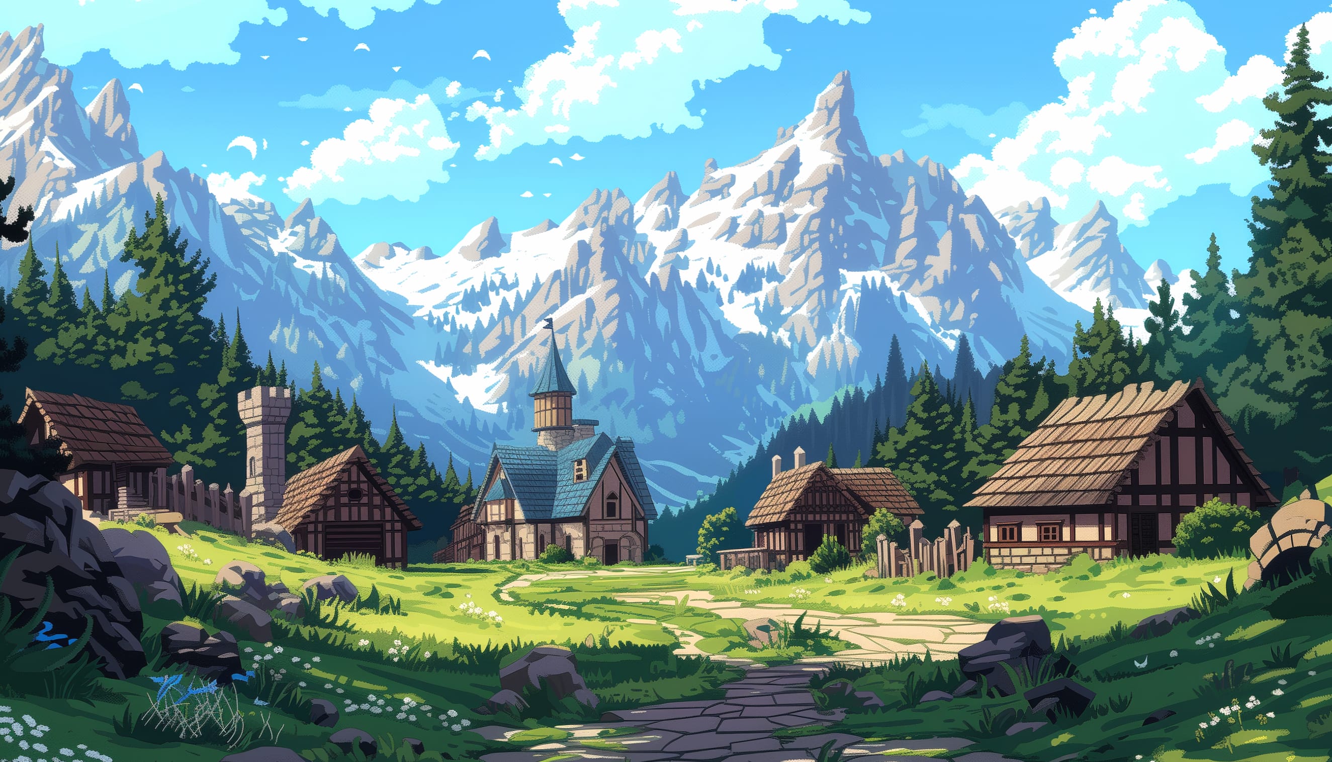 Pixel Art Mountain Village - Nature Town at 750 x 1334 iPhone 6 size wallpapers HD quality