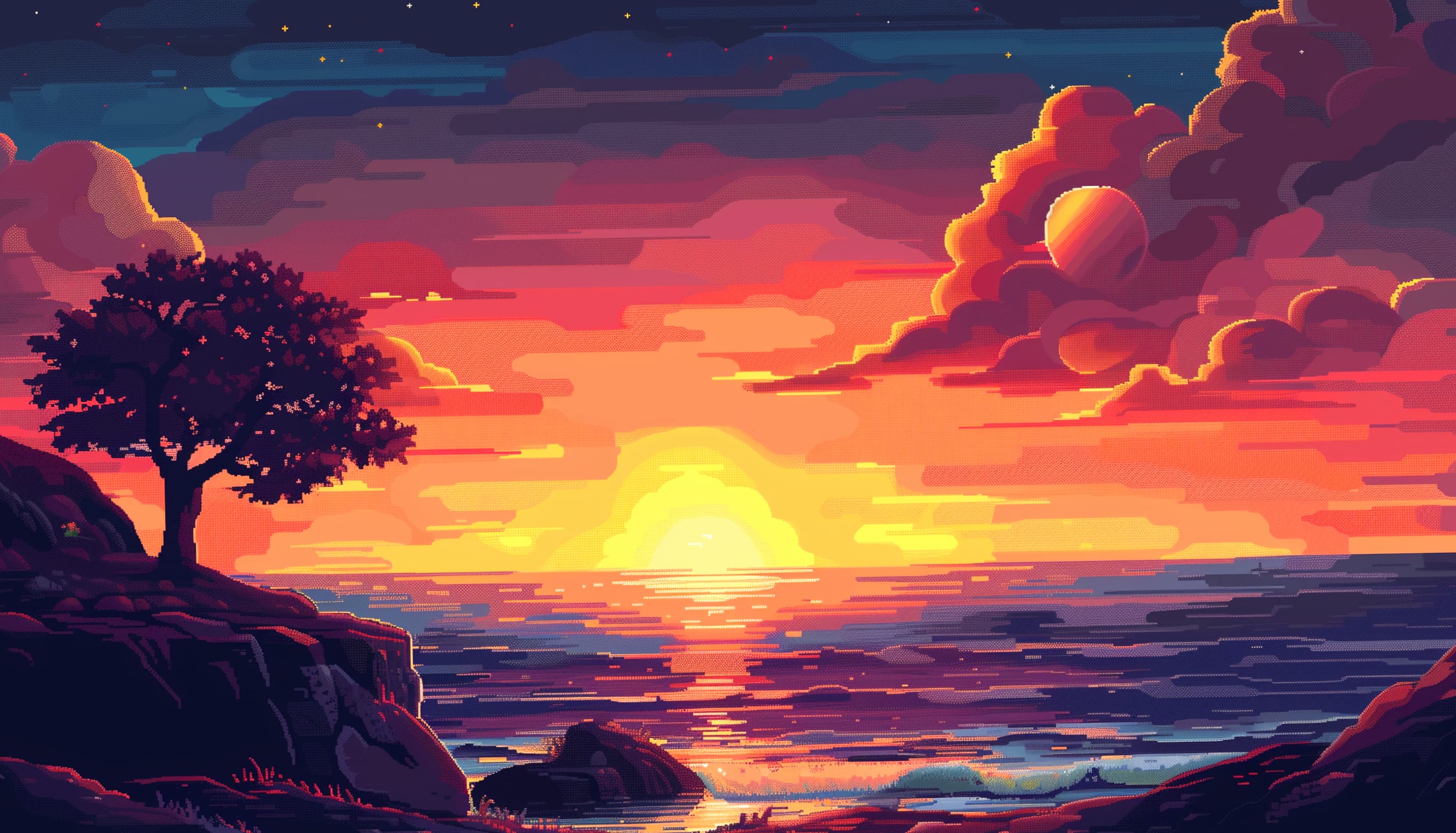 Pixel Art Sunset Serene Nature at 1024 x 1024 iPad size wallpapers HD quality