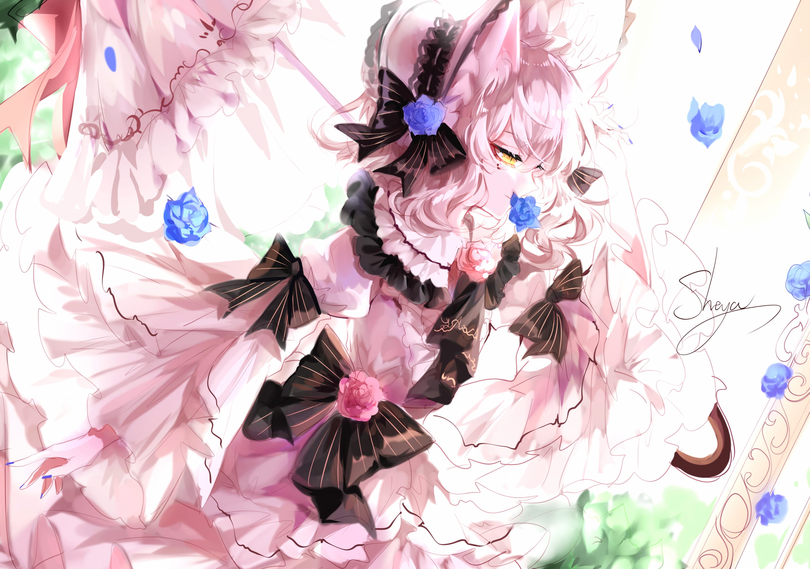 Pointed Ears Umbrella Bow (Clothing) Flower Yellow Eyes Blonde Short Hair Anime Girl Anime Girl wallpapers HD quality
