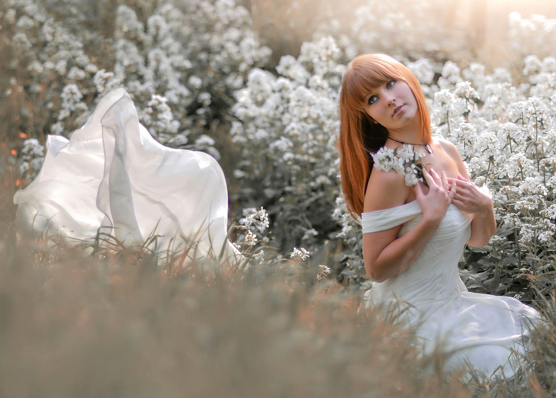 Radiant Bride A Beautiful Featuring a Redhead in White Flowers wallpapers HD quality