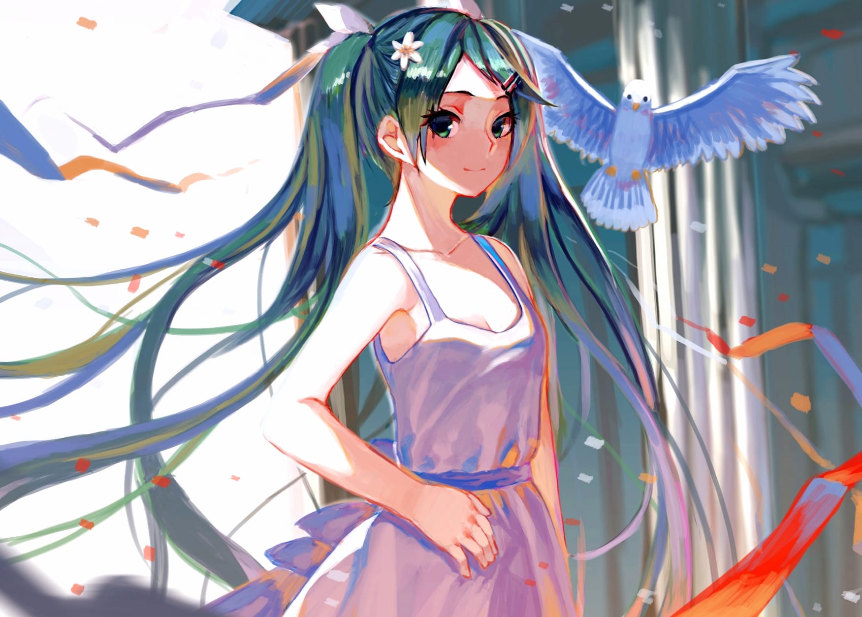 Radiant Smile Hatsune Miku with Flowers and Pigeons at 1024 x 1024 iPad size wallpapers HD quality