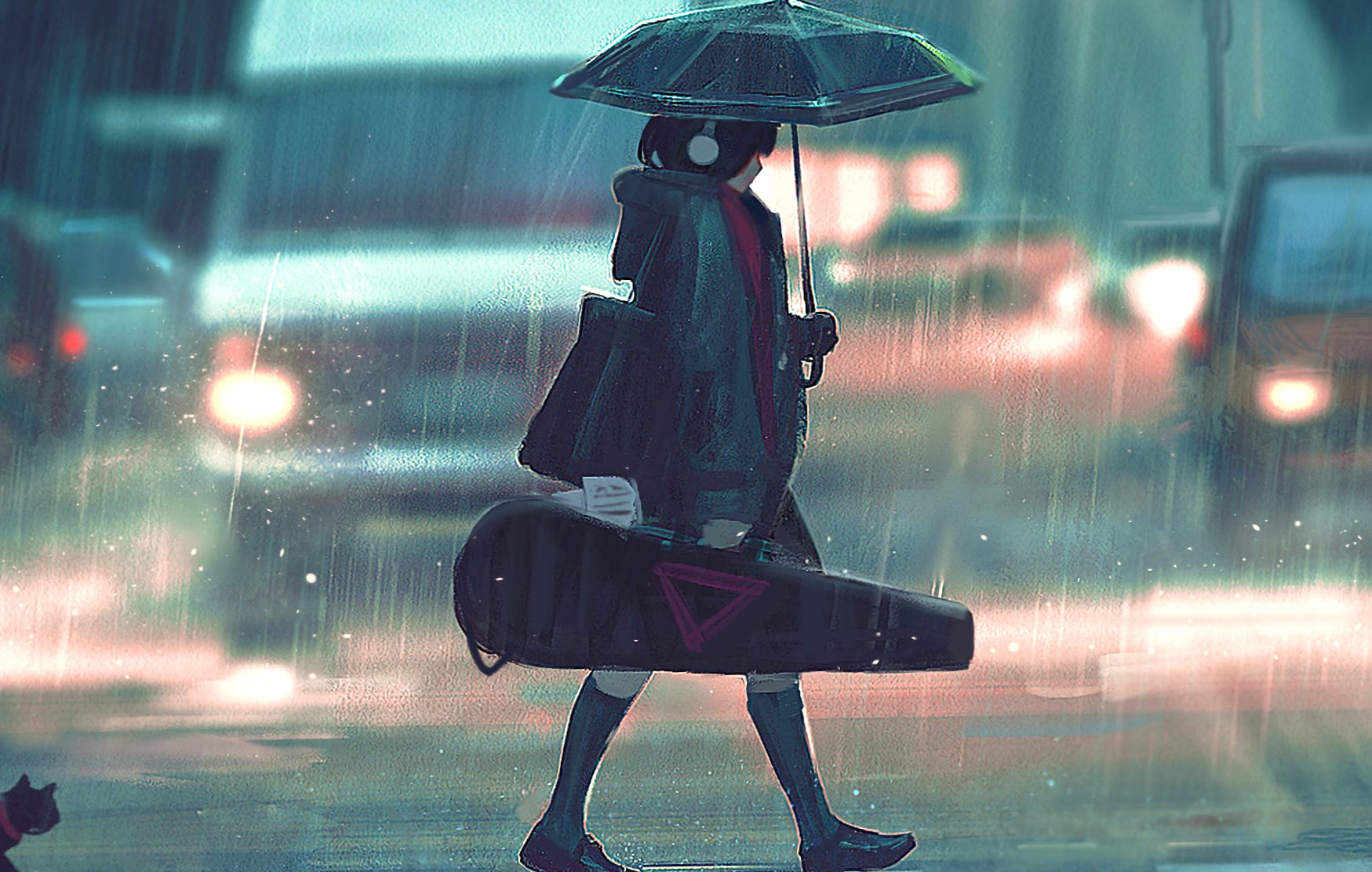 Rainy Day Stroll - Anime Girl & Cat wallpapers HD quality