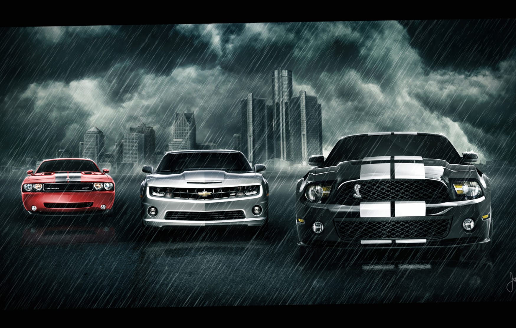 Rainy Showdown - Camaro vs. Mustang wallpapers HD quality