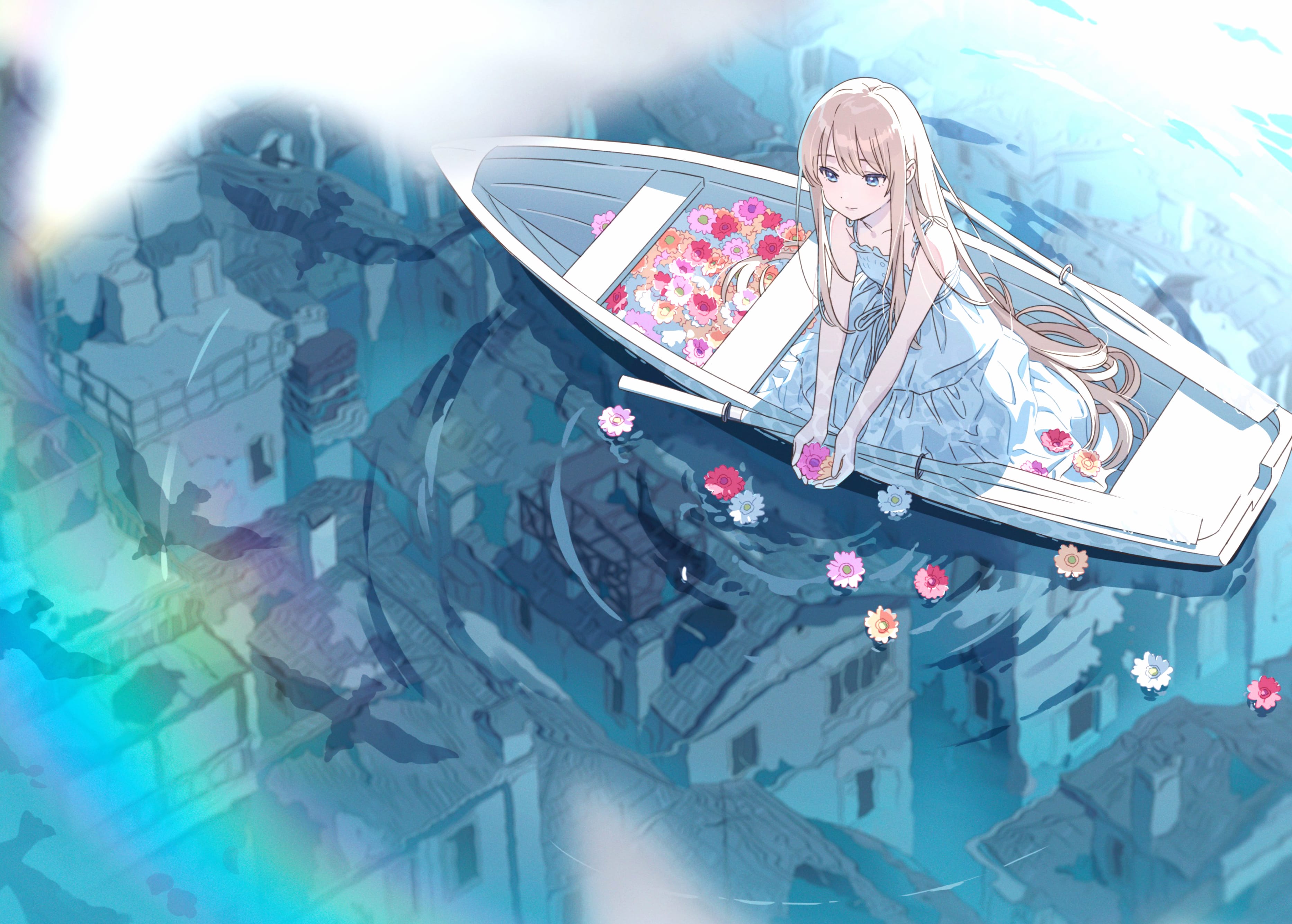 Reflection Flower Lake Boat Anime Girl Anime Girl at 320 x 480 iPhone size wallpapers HD quality