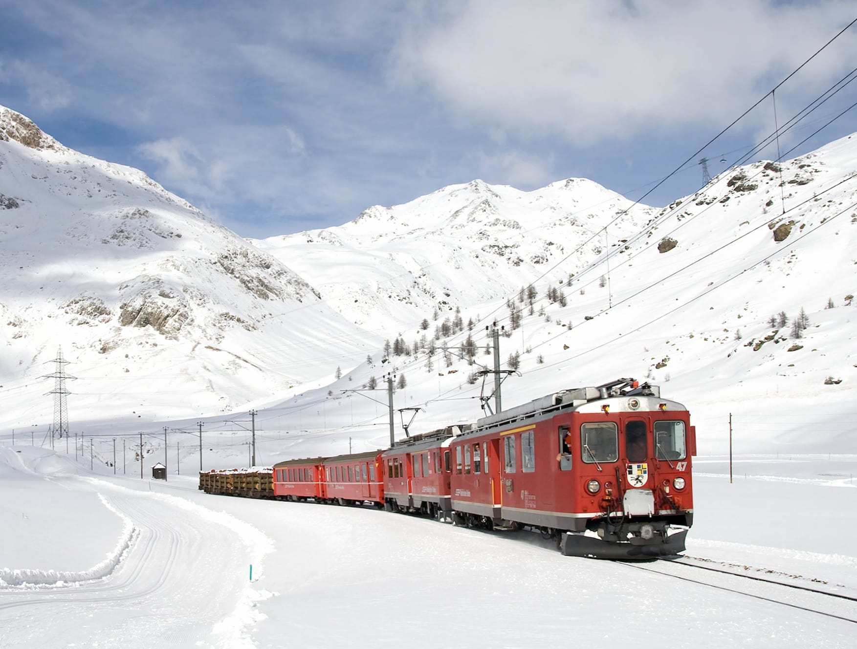 RhB Electric Train in Swiss Winter Mountains - wallpapers HD quality