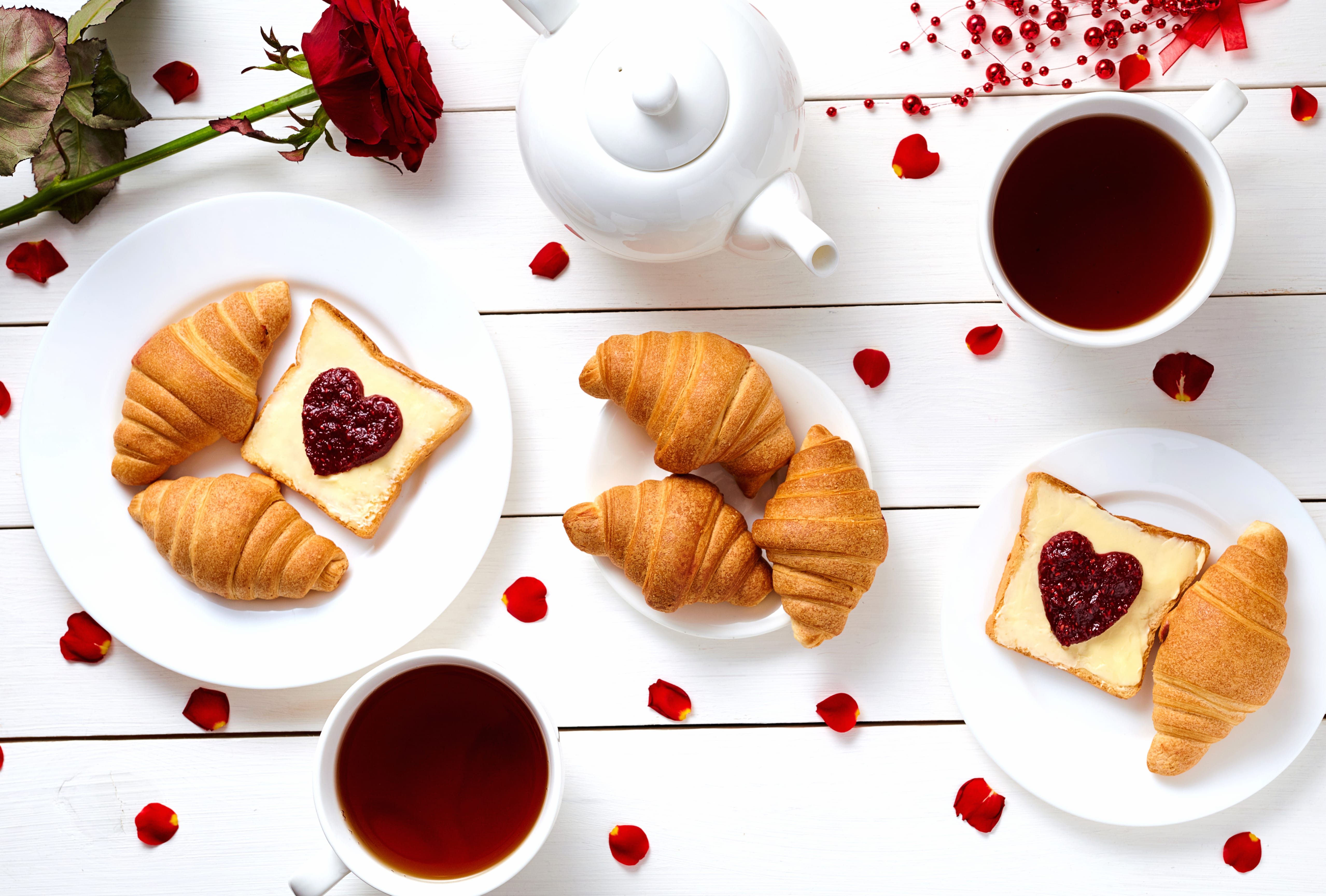 Romantic Croissant Cup Tea Still Life Food Breakfast wallpapers HD quality