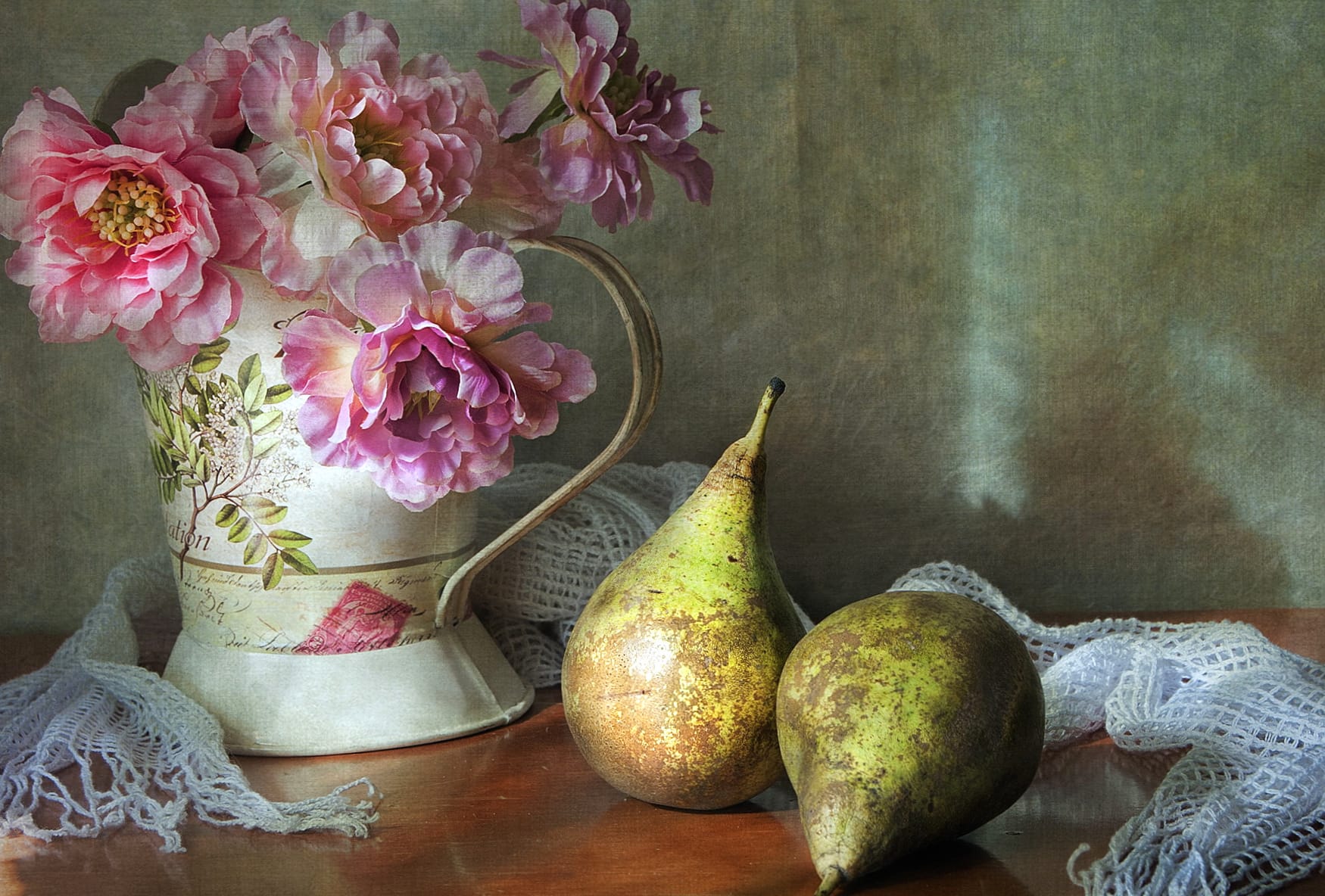 Scarf Pitcher Pear Flower Photography Still Life wallpapers HD quality