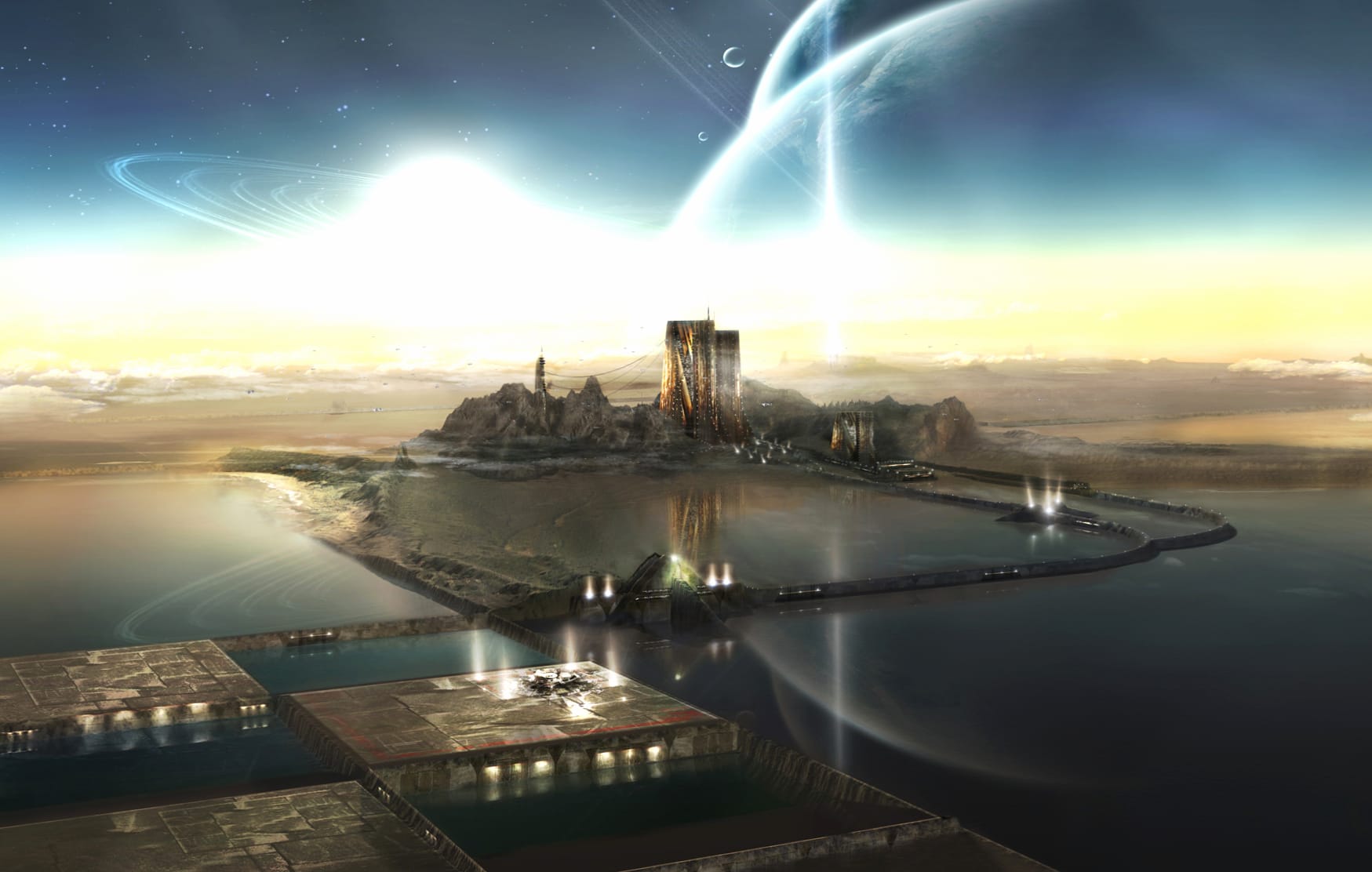 Sci-Fi Cityscape with Planet and Moon - at 1024 x 1024 iPad size wallpapers HD quality