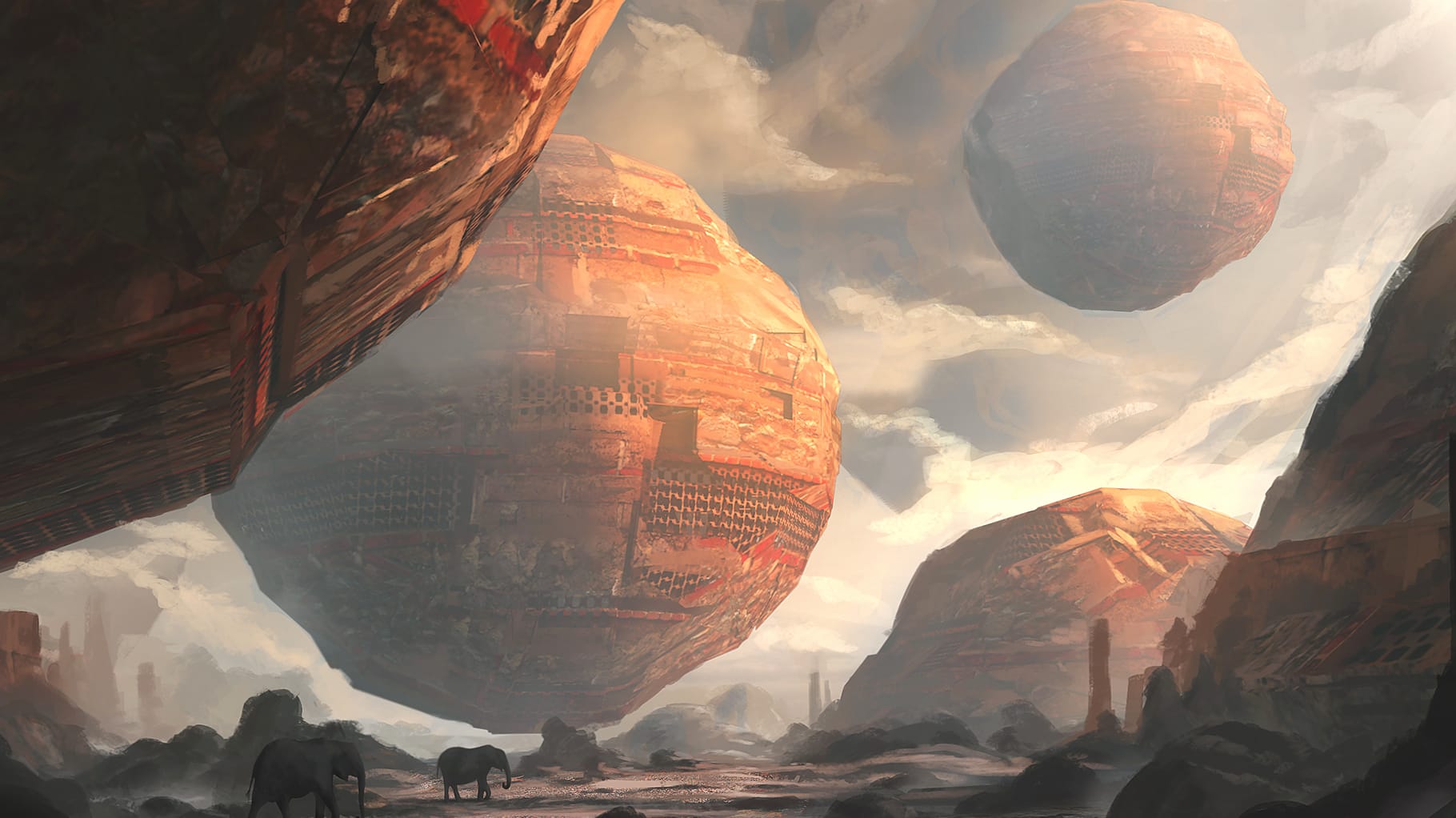 Sci-Fi Landscape with Elephants and Floating Spheres wallpapers HD quality