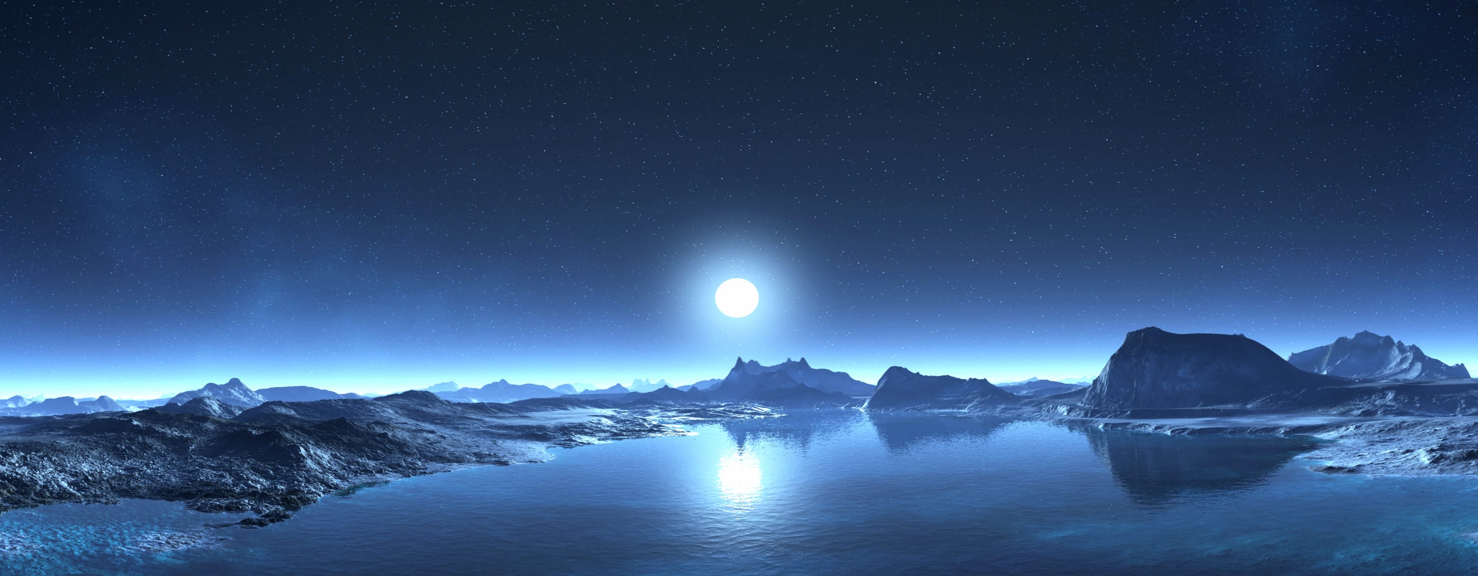 Sci-Fi Moonrise Over Icy Lake wallpapers HD quality