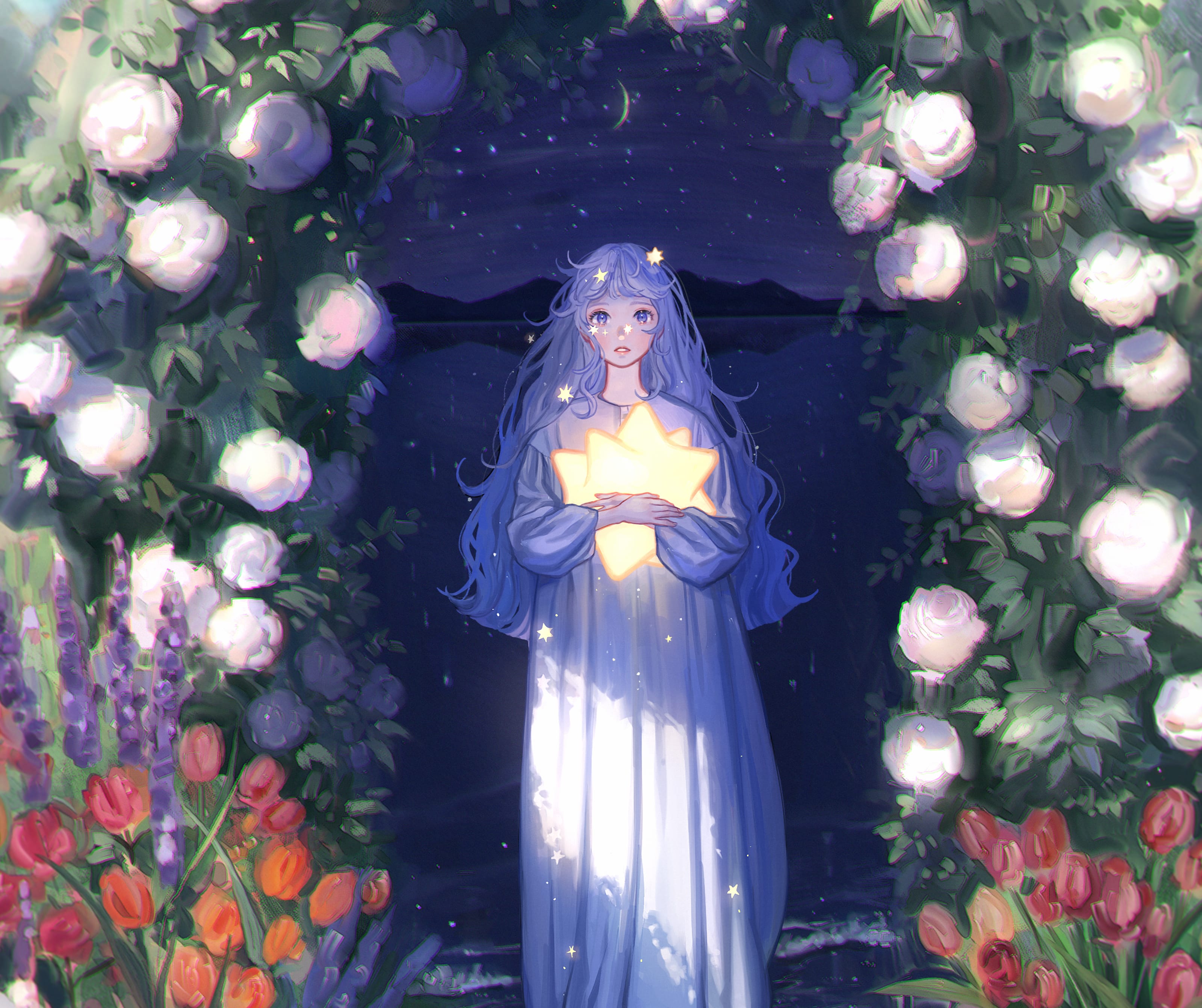 Sea Lake Flower Night Fantasy Anime Girl Anime Girl wallpapers HD quality