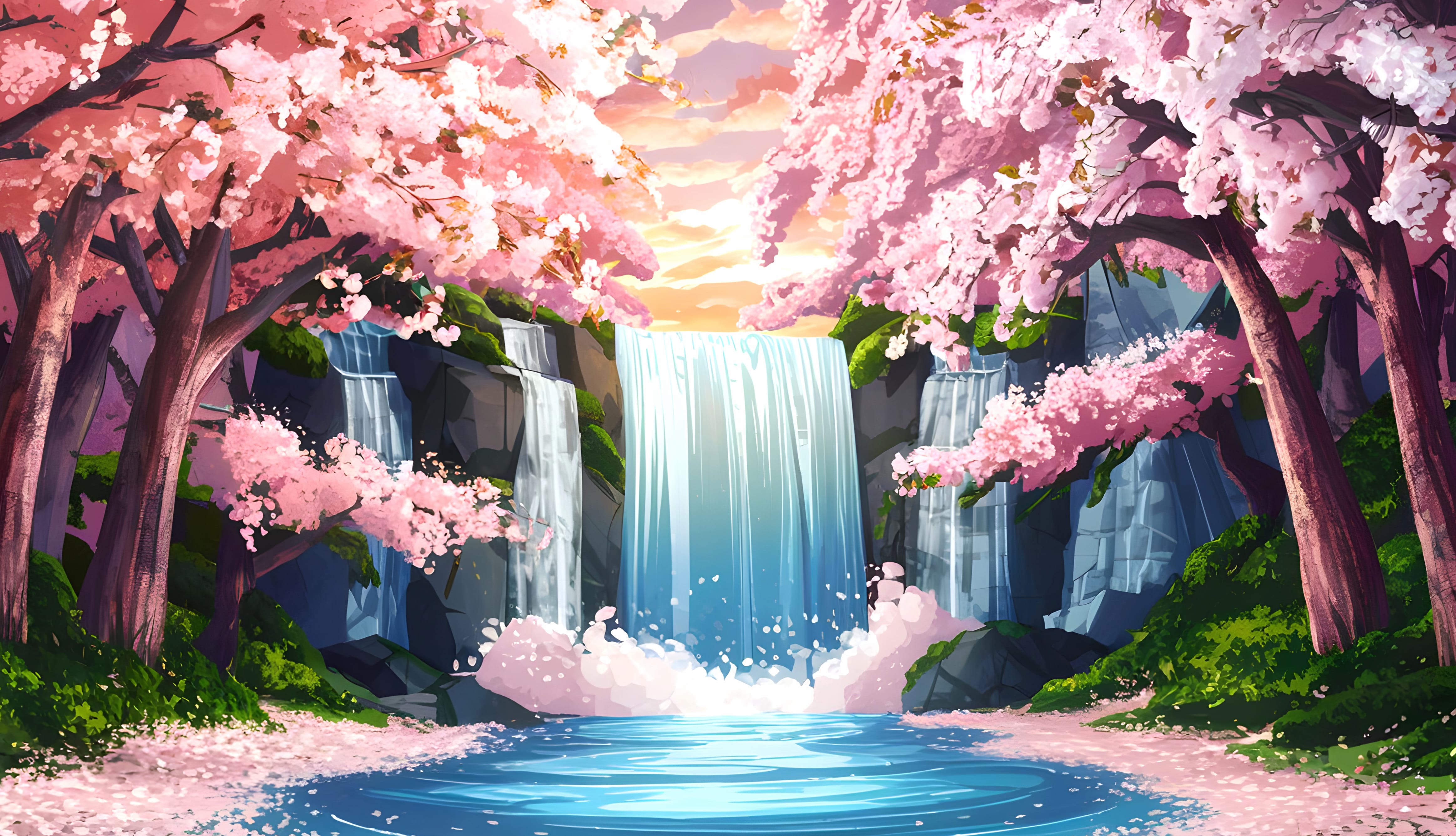 Serene waterfall in a blooming cherry blossom forest wallpapers HD quality