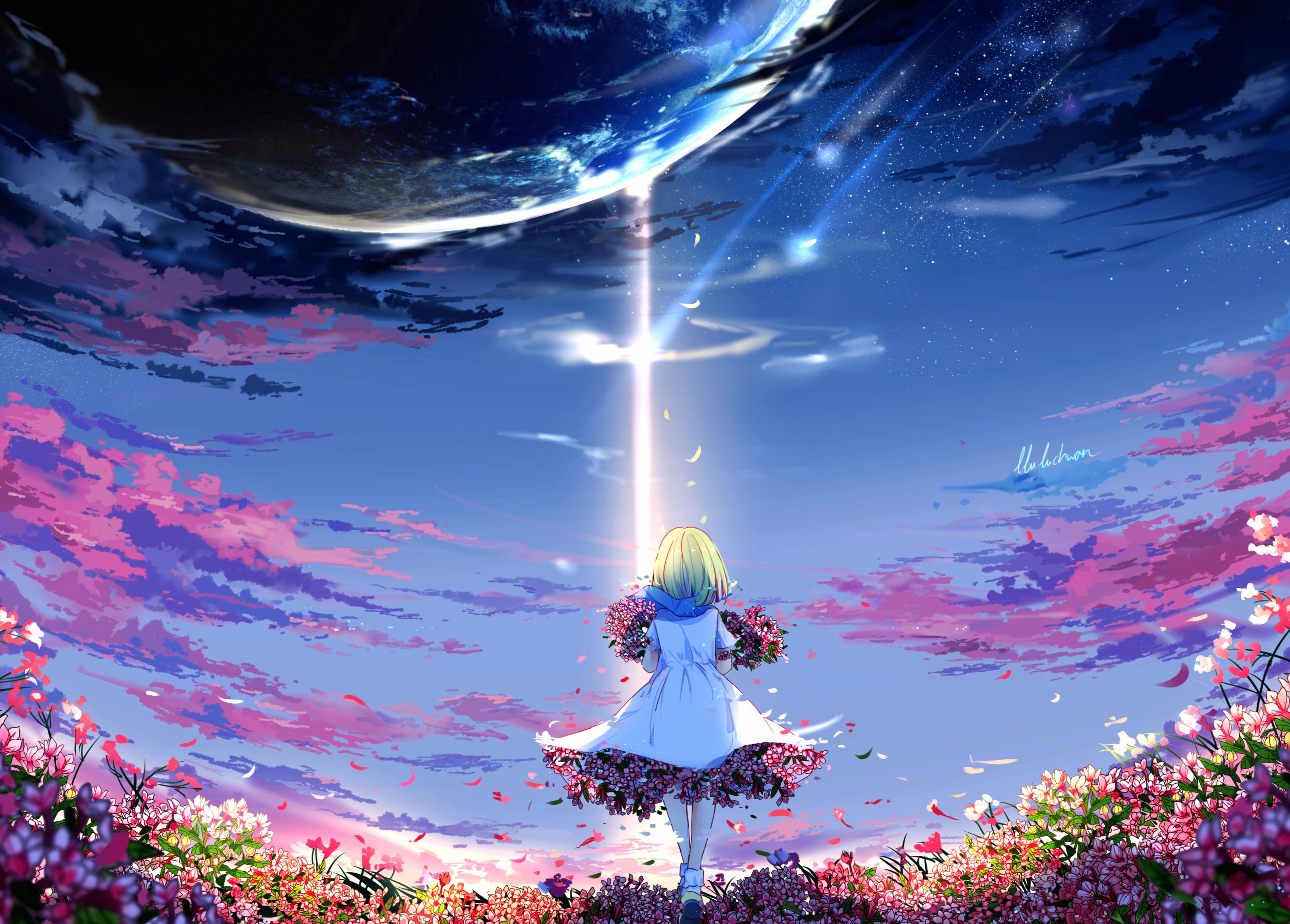 Short Hair Sky Dress Flower Planet Anime Original at 1536 x 864 HD size wallpapers HD quality