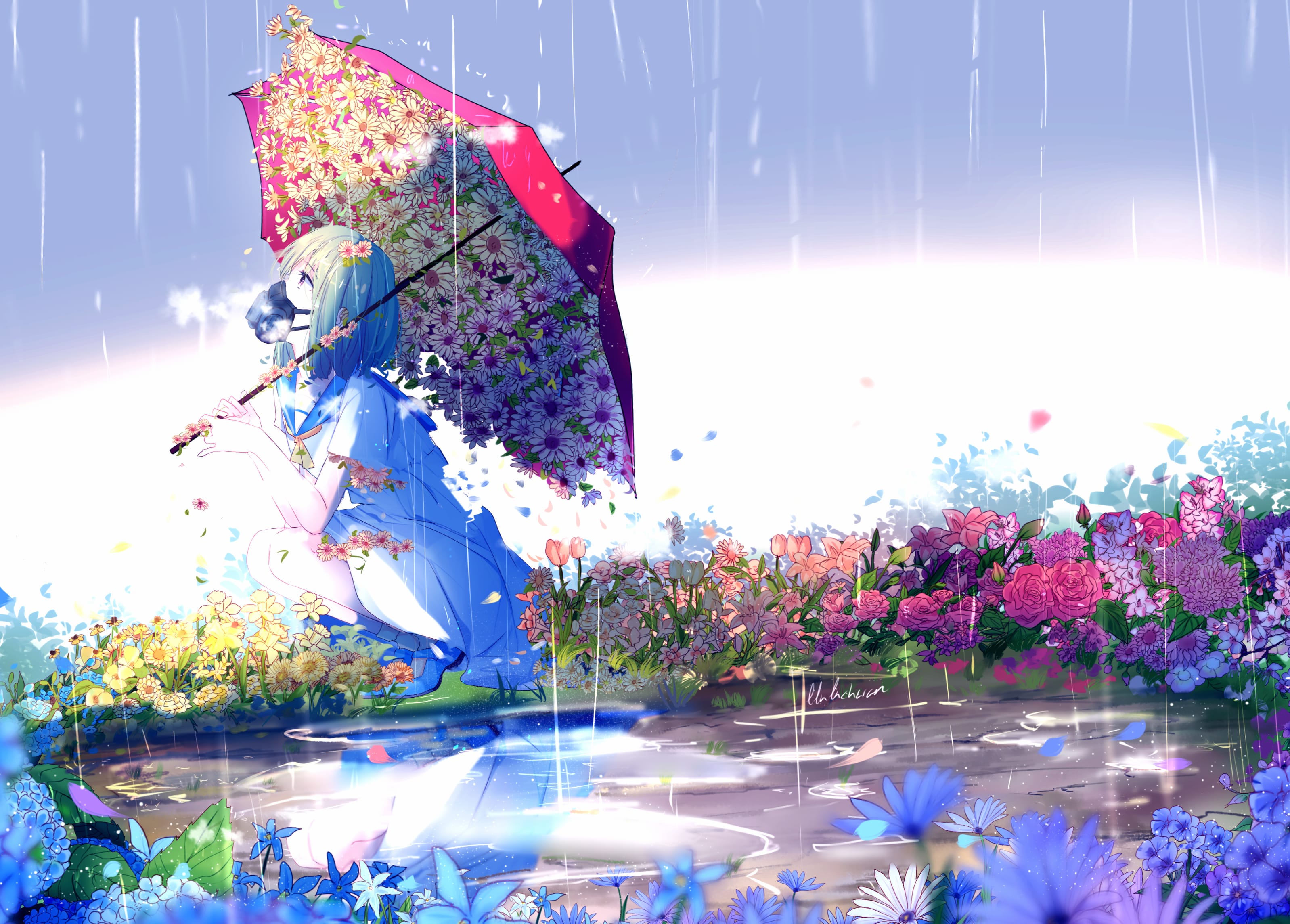 Short Hair Umbrella Reflection Rain Flower Anime Original wallpapers HD quality