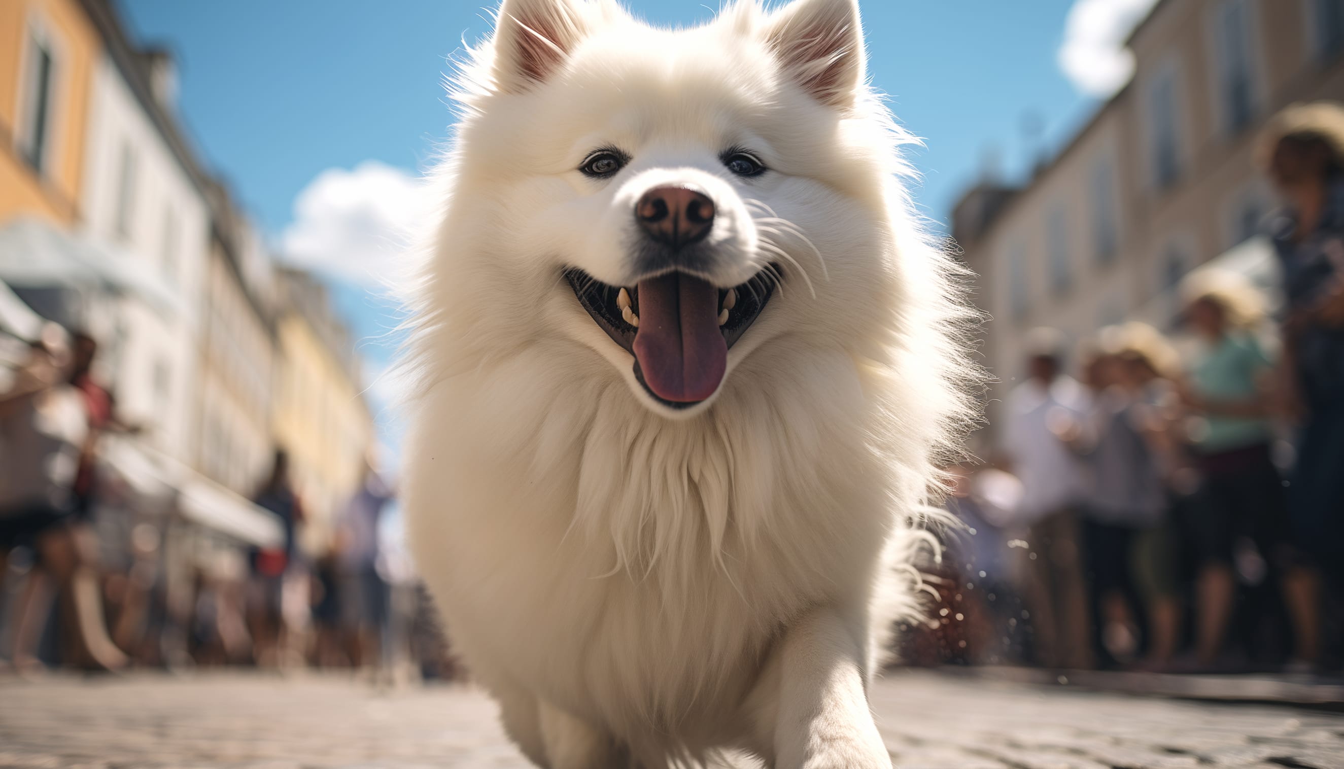 Smiling Samoyed - City Stroll Background at 2560 x 1440 HD size wallpapers HD quality