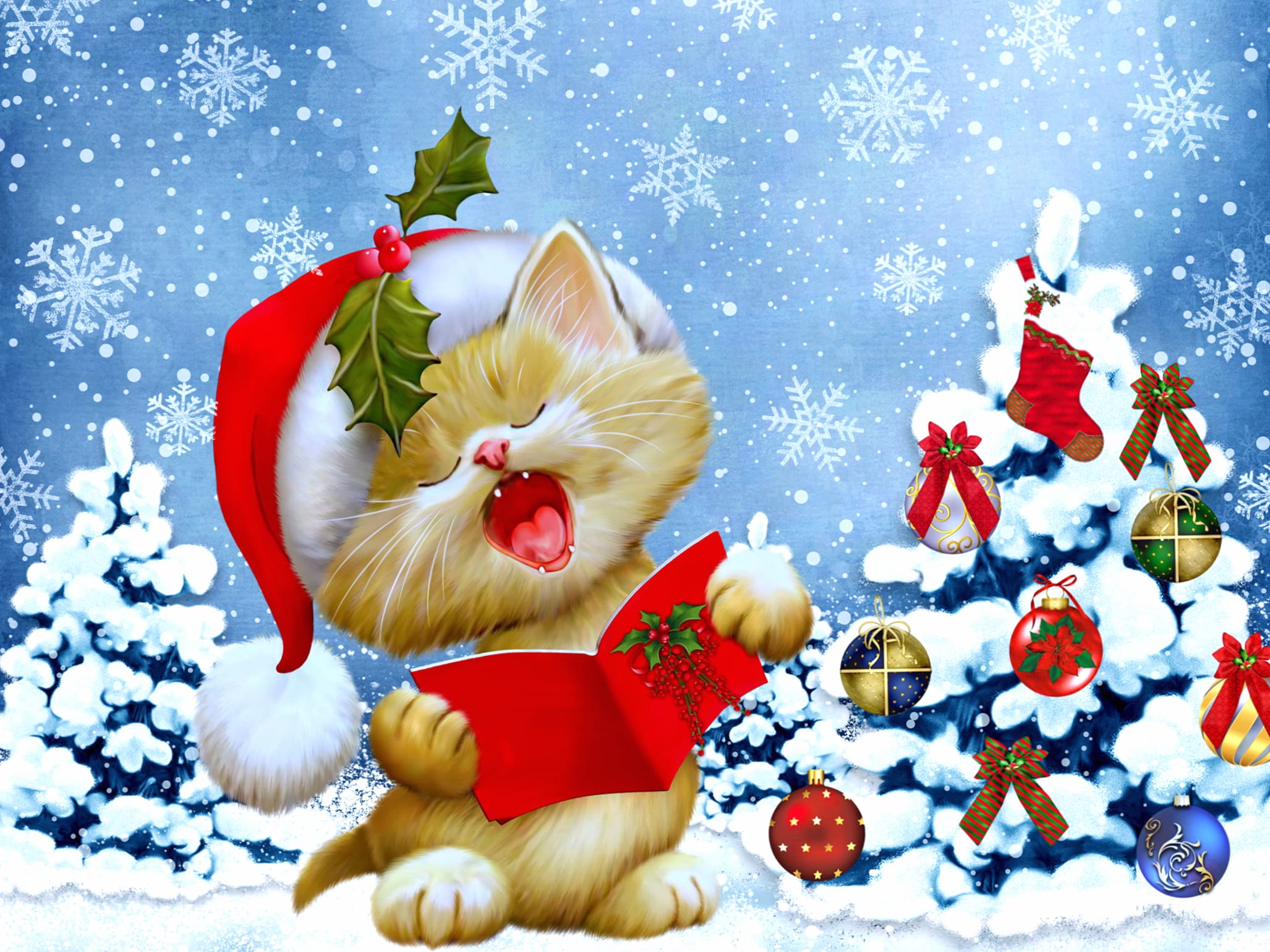 Snow Christmas Tree Winter Kitten Cat Holiday Christmas wallpapers HD quality