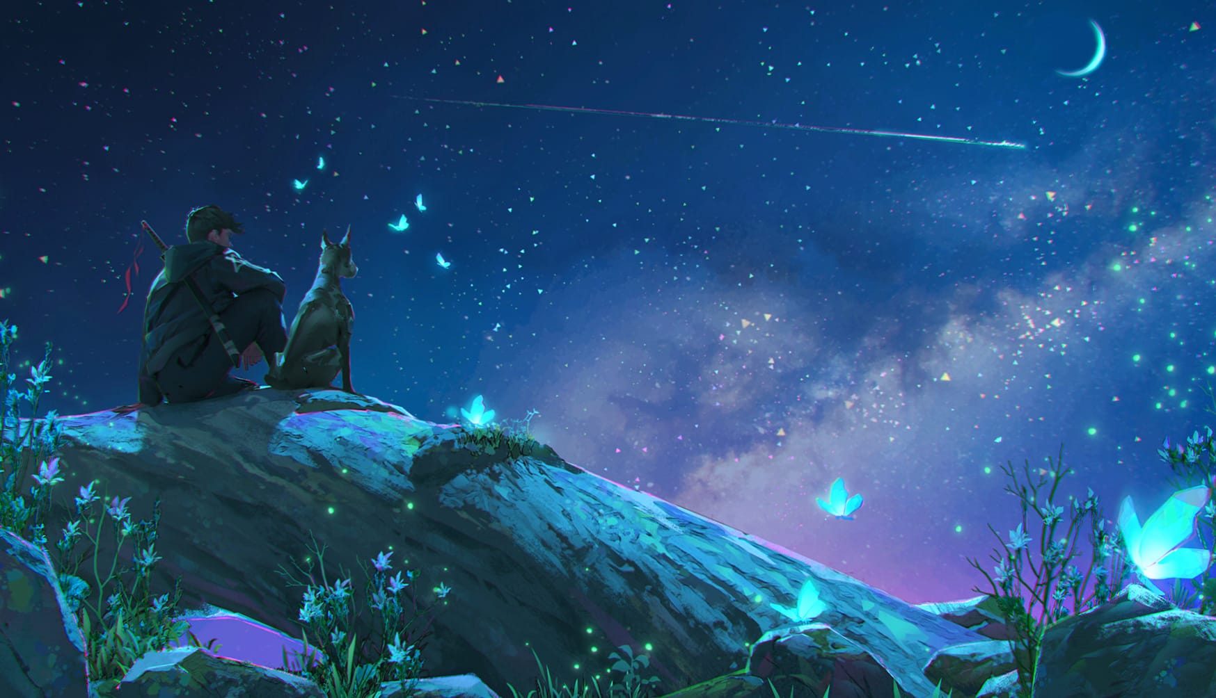 Starry Anime Night with Dog - at 1920 x 1080 HD size wallpapers HD quality