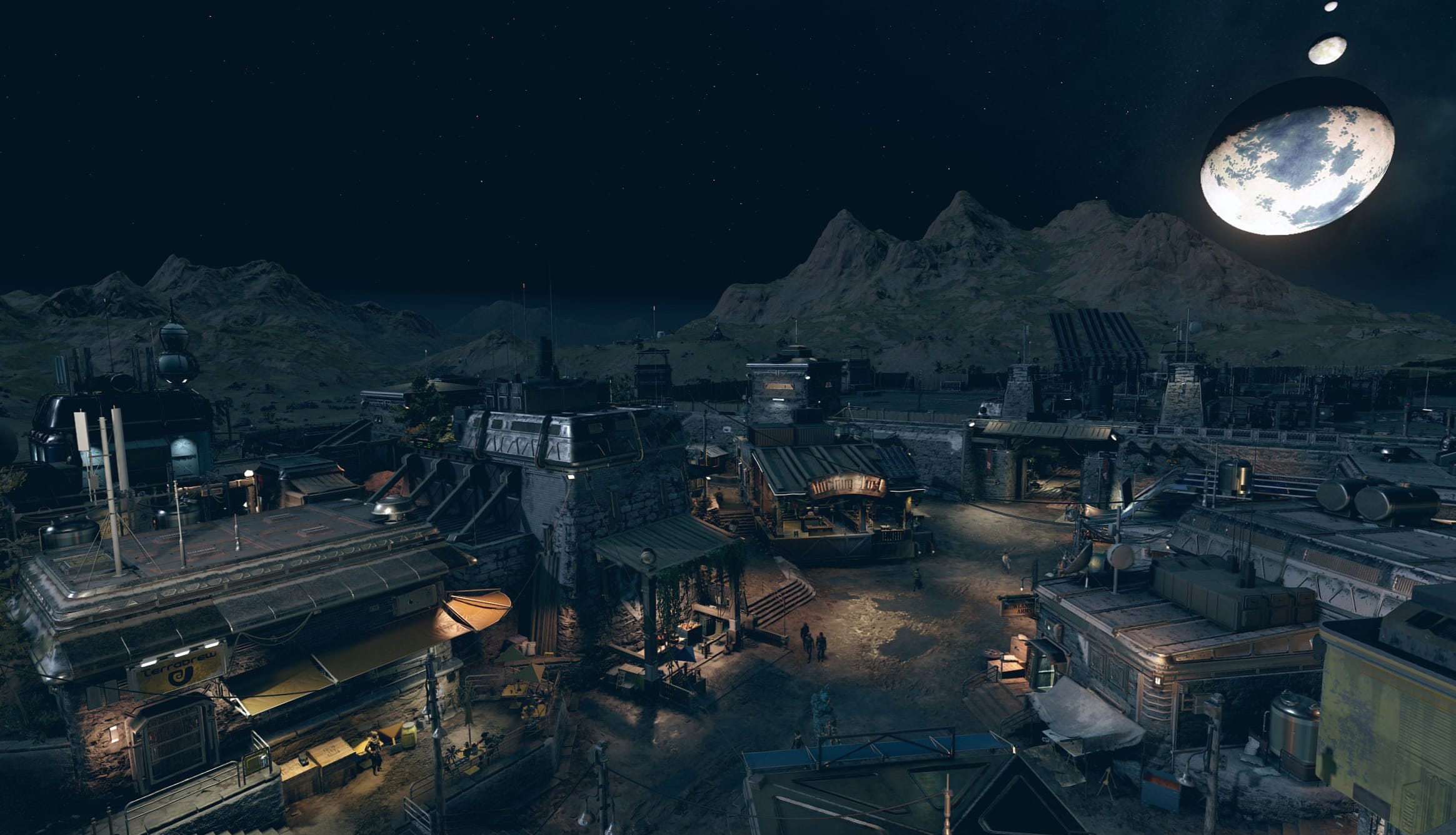 Starry Moonlit Night over Sci-Fi Settlement wallpapers HD quality