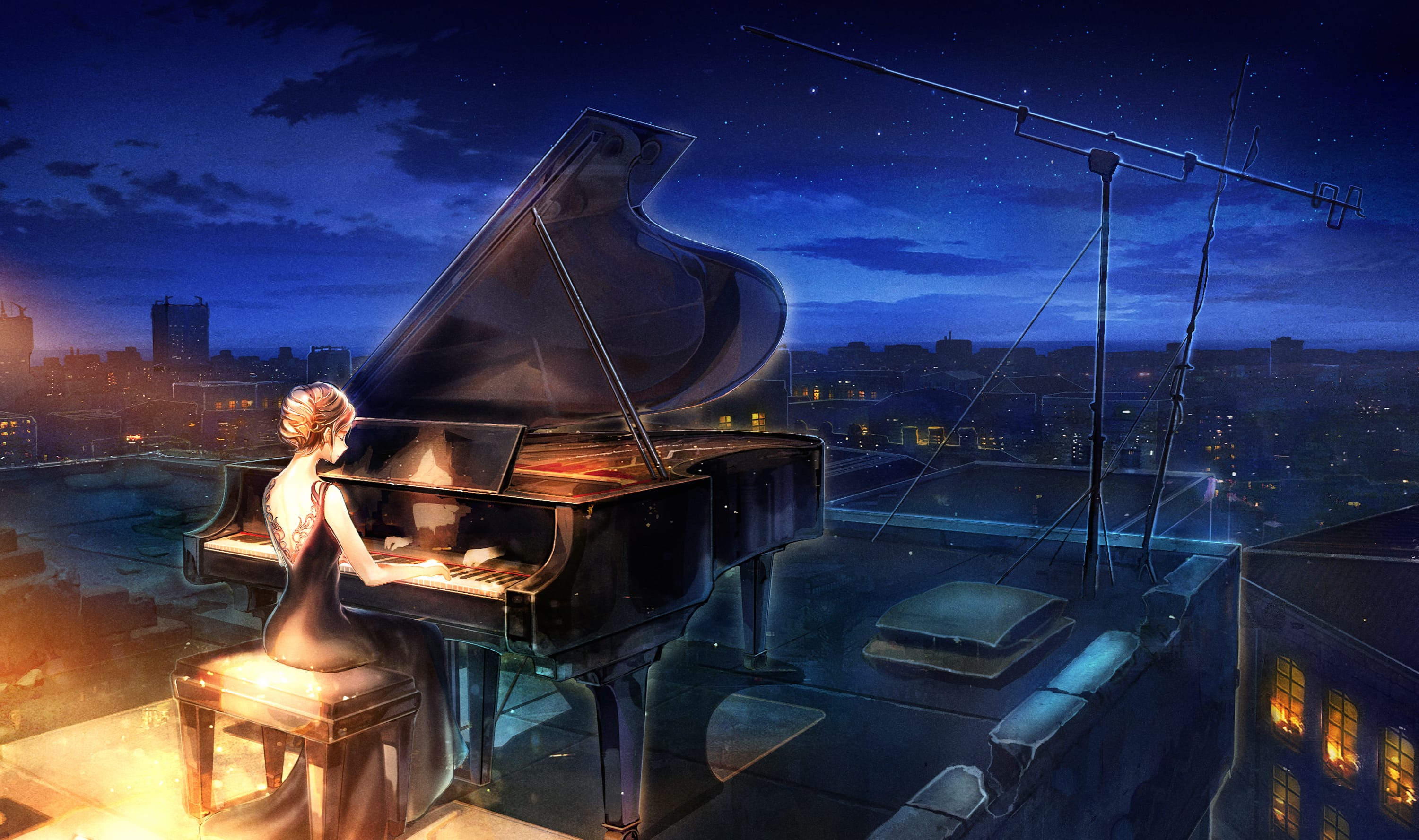 Starry Sky Night Piano Pianist Anime Music at 1334 x 750 iPhone 7 size wallpapers HD quality