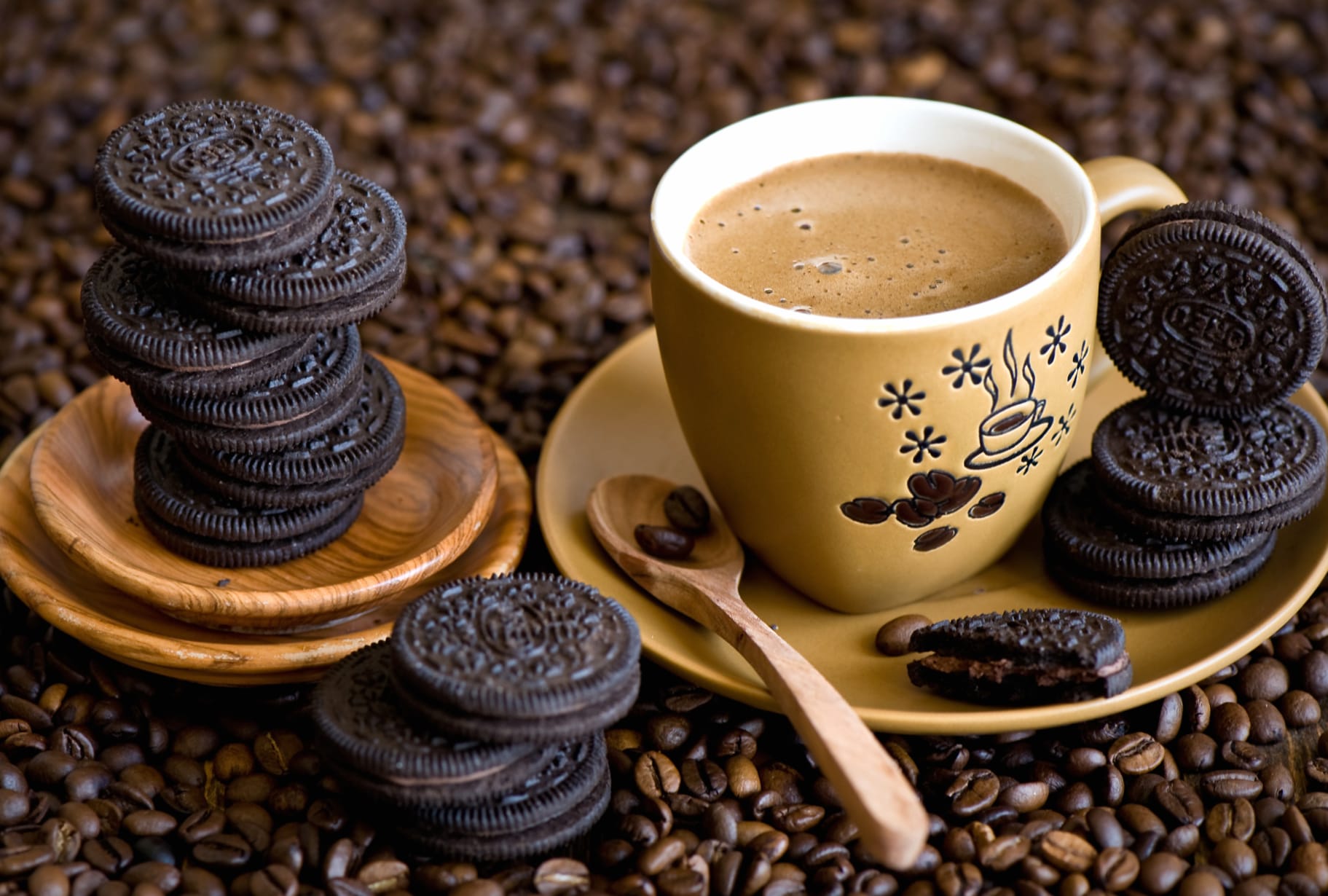 Still Life Cookie Coffee Beans Cup Food Coffee at 1680 x 945 HD size wallpapers HD quality