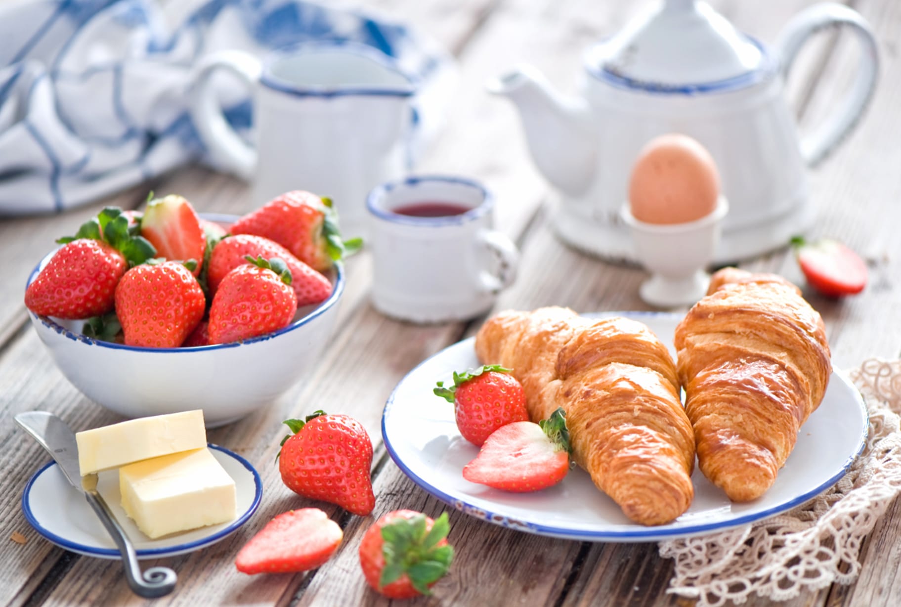 Still Life Strawberry Butter Egg Croissant Food Breakfast wallpapers HD quality