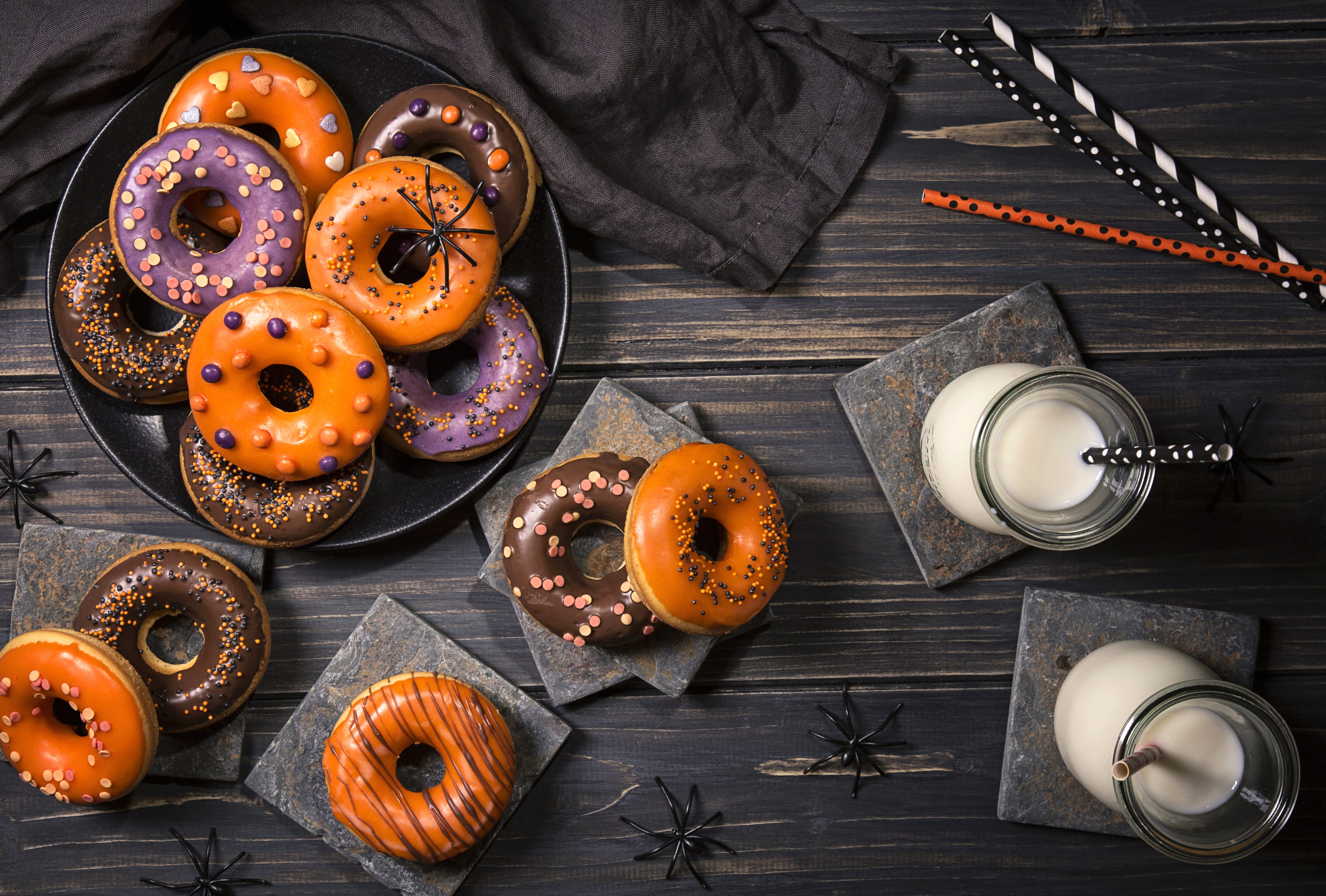 Still Life Sweets Candy Milk Spider Halloween Food Doughnut wallpapers HD quality