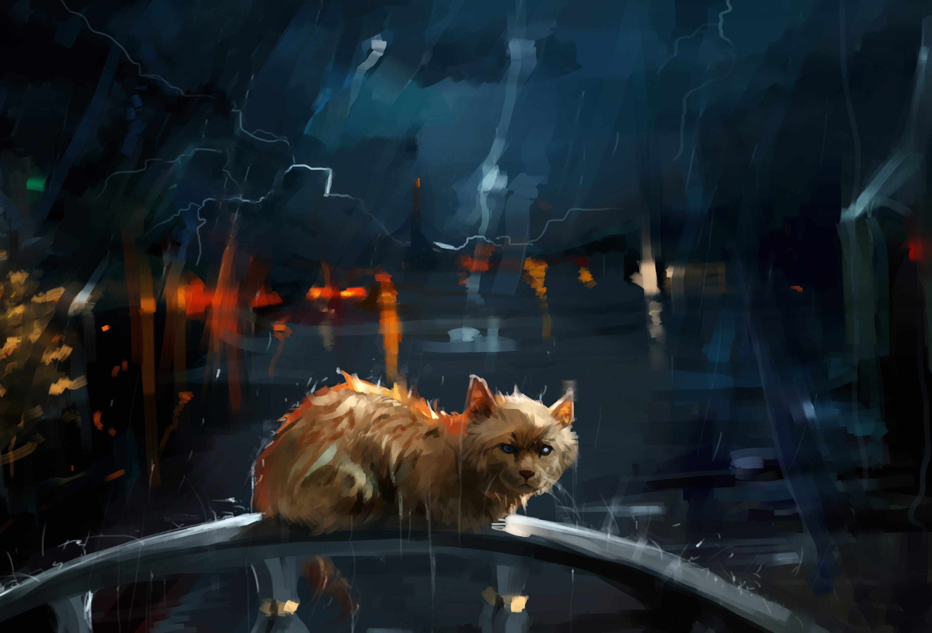 Storm Night Cat Rain Artistic Painting at 2048 x 2048 iPad size wallpapers HD quality