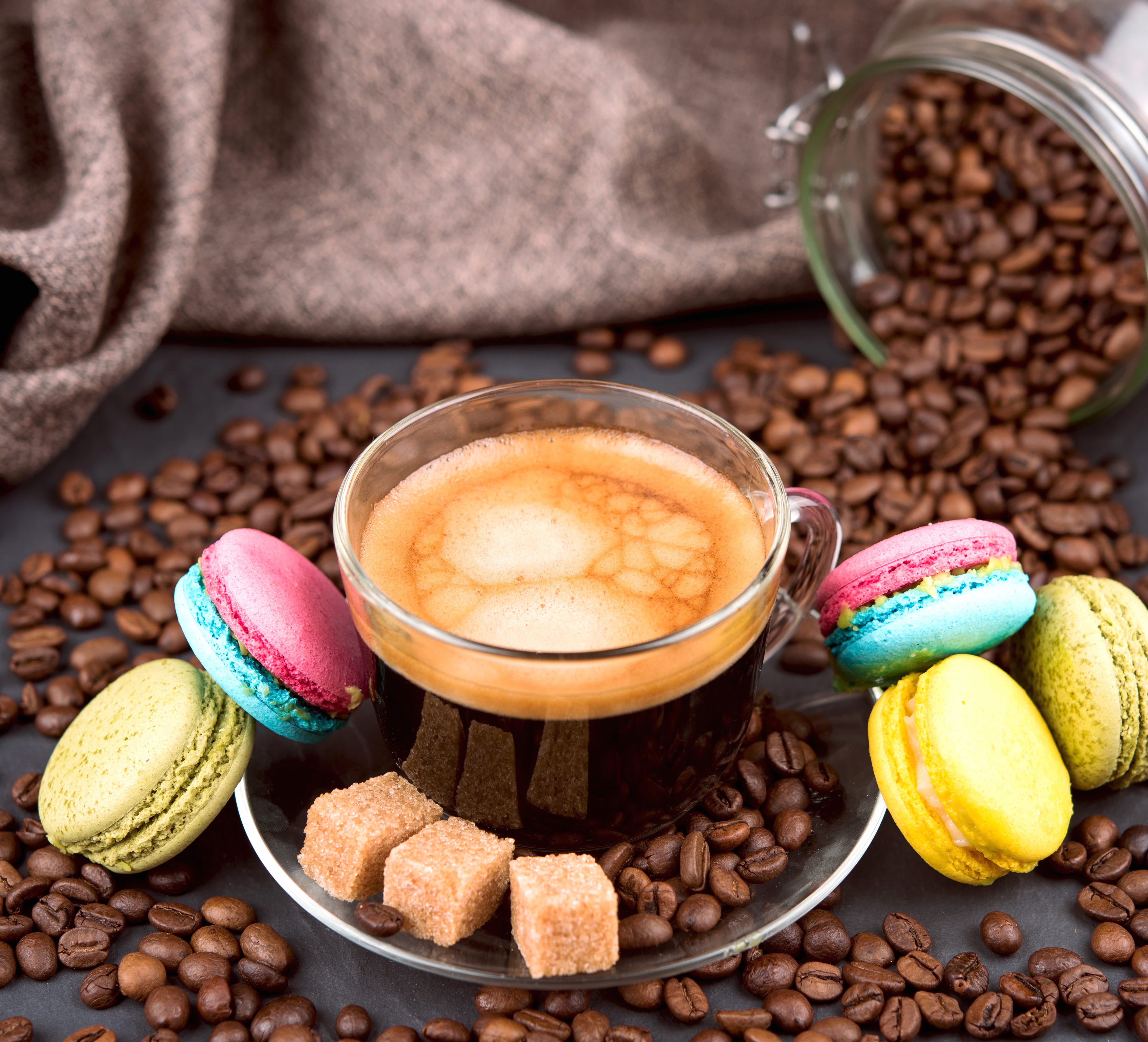 Sugar Sweets Macaron Still Life Coffee Beans Cup Food Coffee wallpapers HD quality