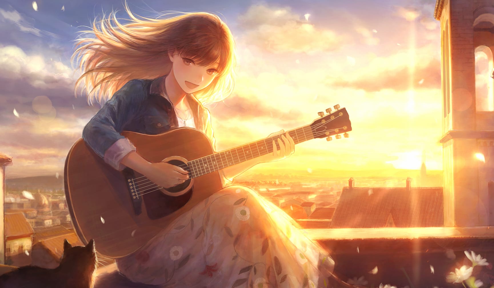 Sunset Melody Anime Girl with Guitar wallpapers HD quality