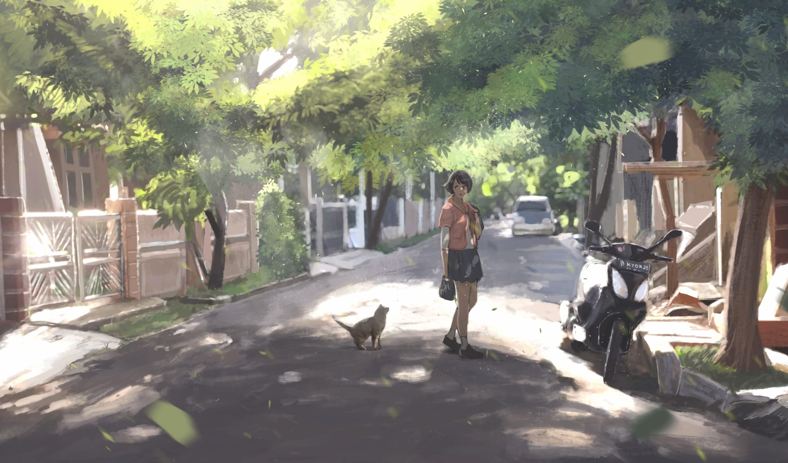 Tranquil Anime Street with Cat - wallpapers HD quality