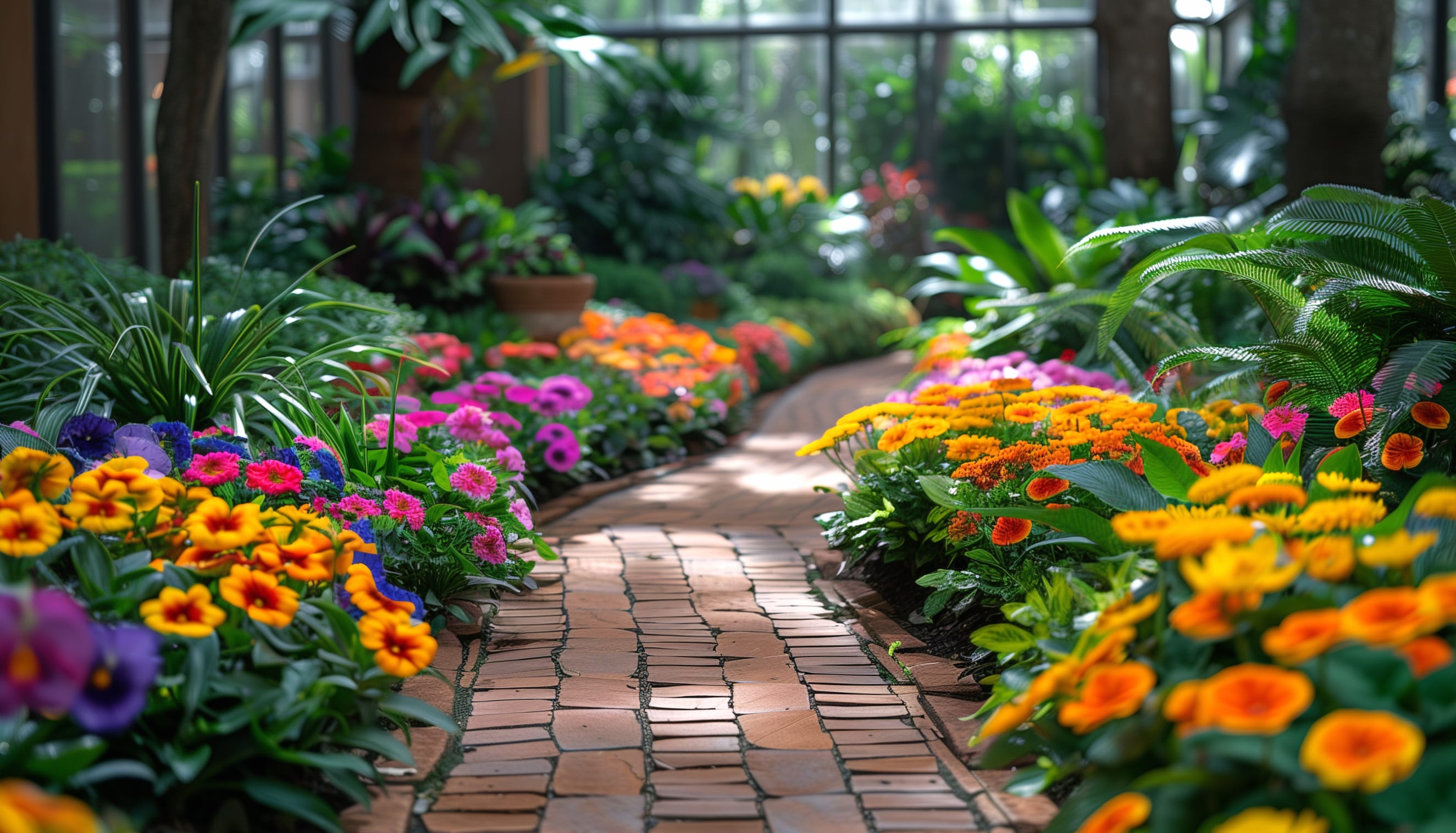 Vibrant Botanical Garden Path - HD Flower Wallpaper at 1024 x 1024 iPad size wallpapers HD quality