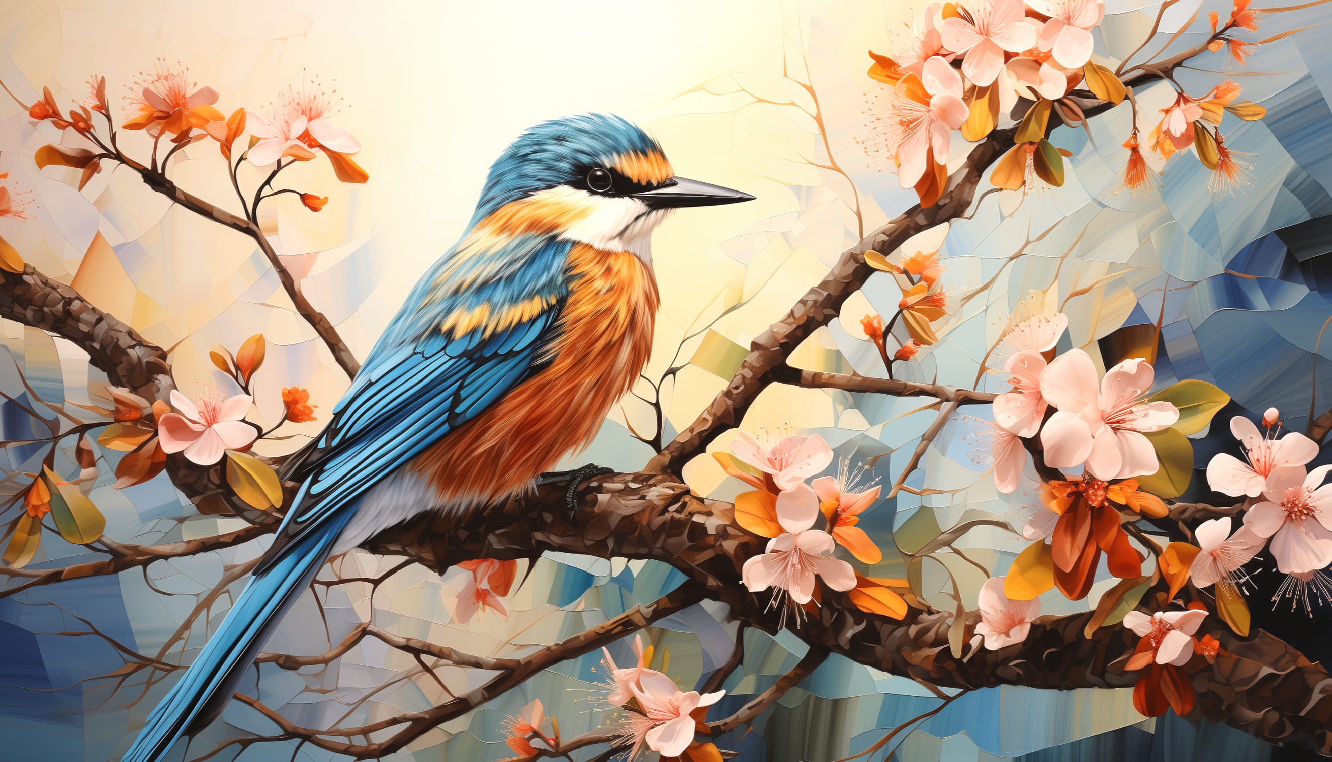 Vibrant Kingfisher on Blooming Branch at 1920 x 1080 HD size wallpapers HD quality