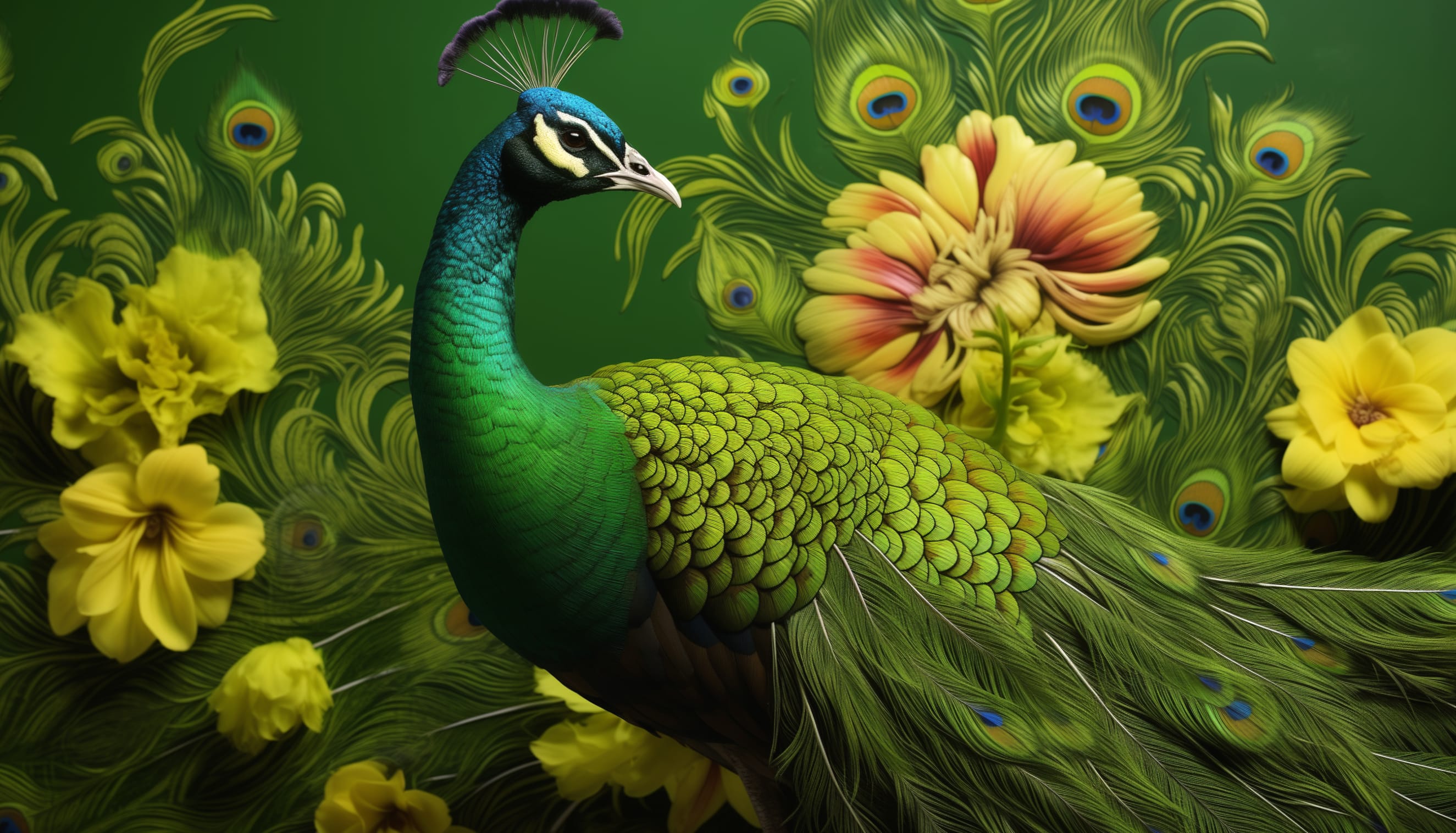 Vibrant Peacock and Floral Artistry at 2048 x 2048 iPad size wallpapers HD quality