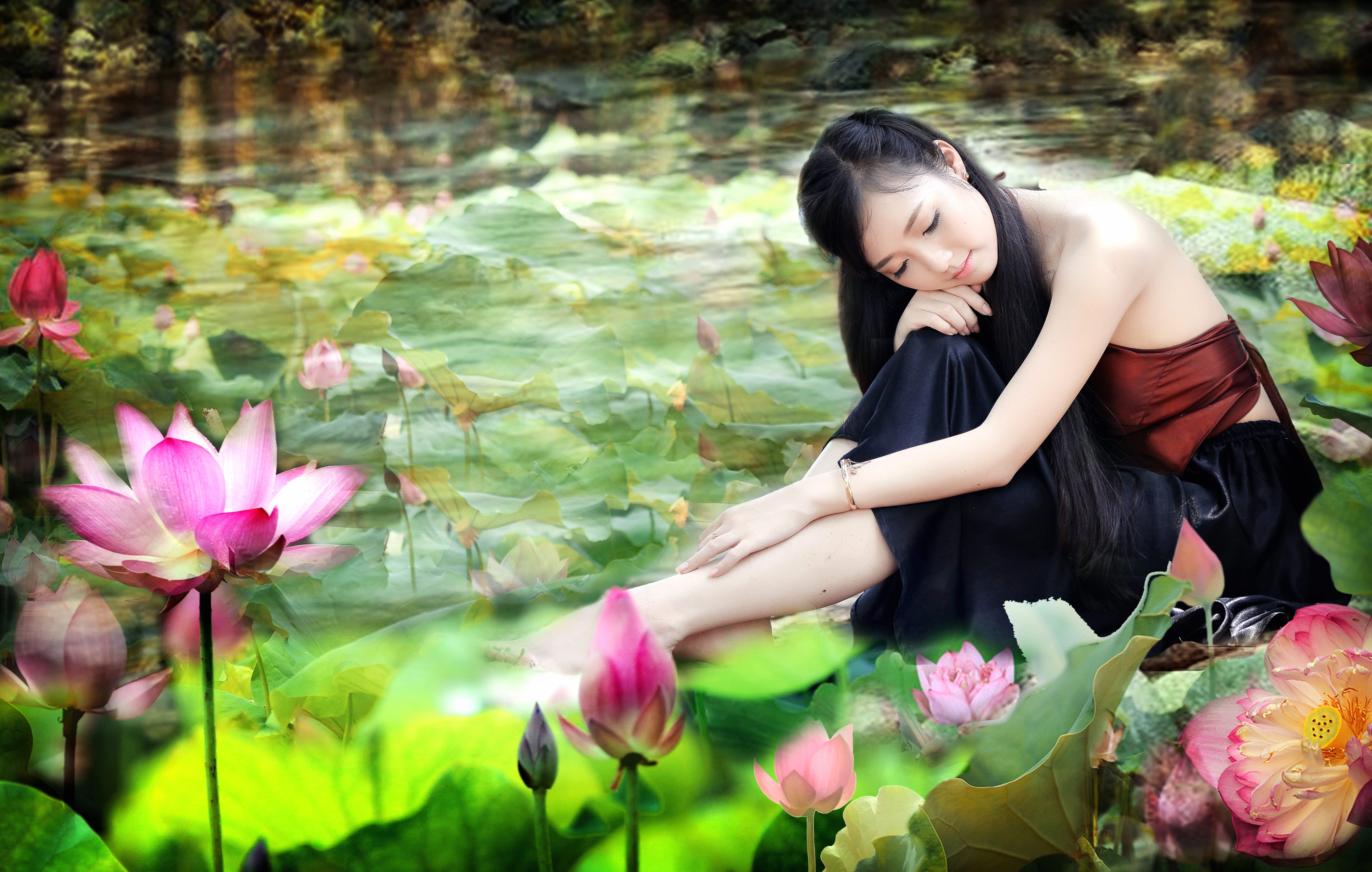 Vietnamese Woman with Lotus in Pond - wallpapers HD quality