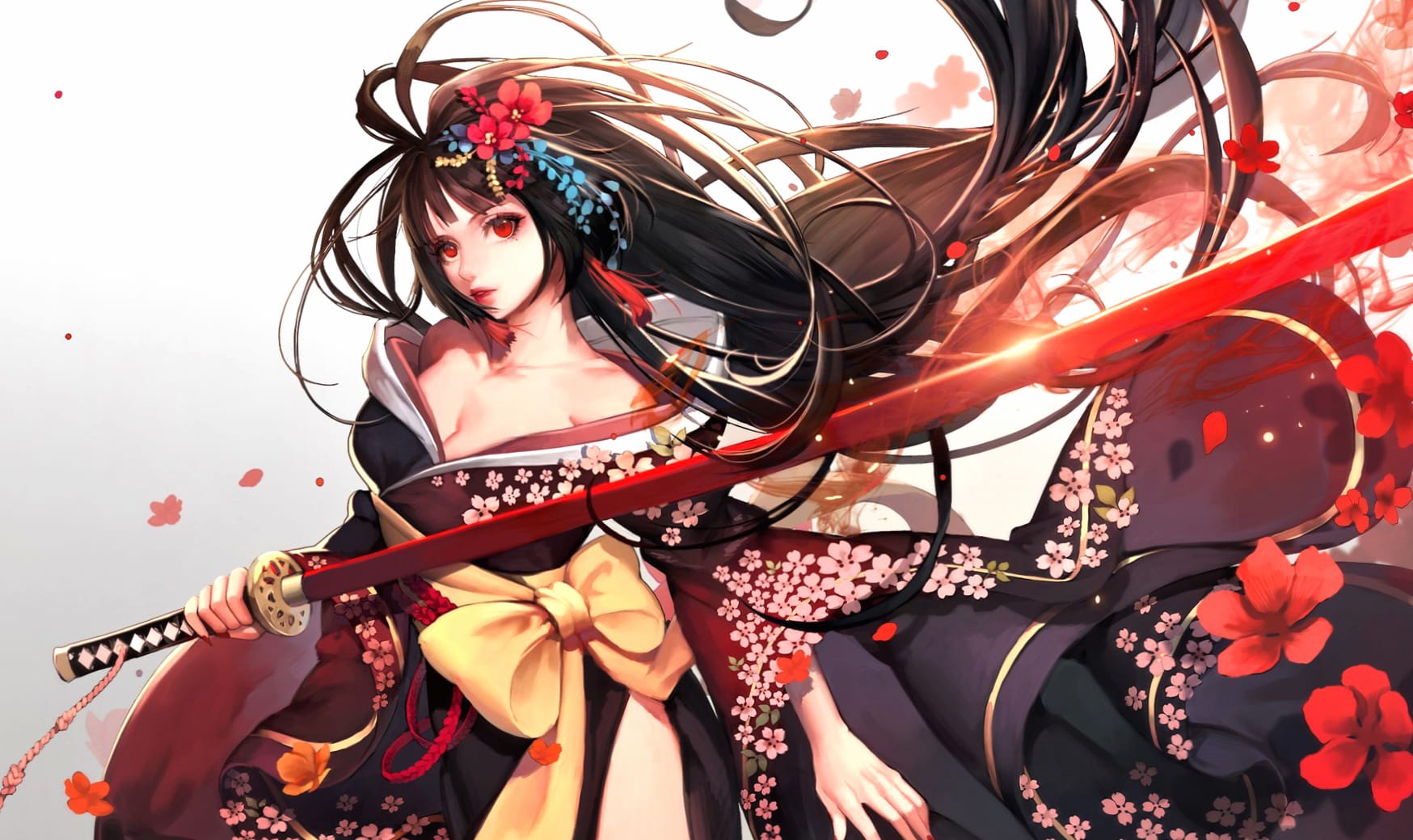 Warrior in Bloom HD Kimono Anime Wallpaper at 2048 x 2048 iPad size wallpapers HD quality