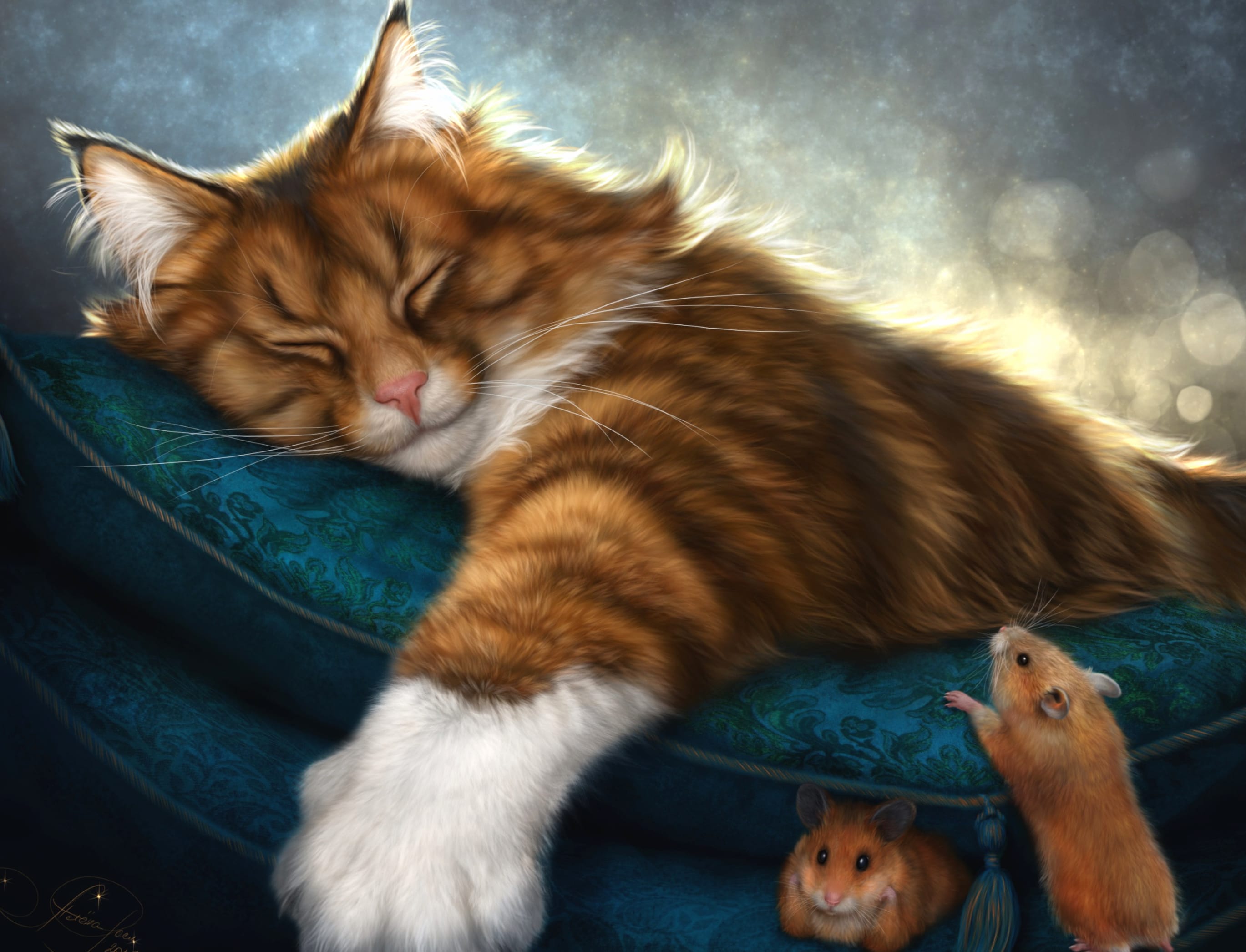 Whimsical Slumber Cat & Mouse Fantasy wallpapers HD quality