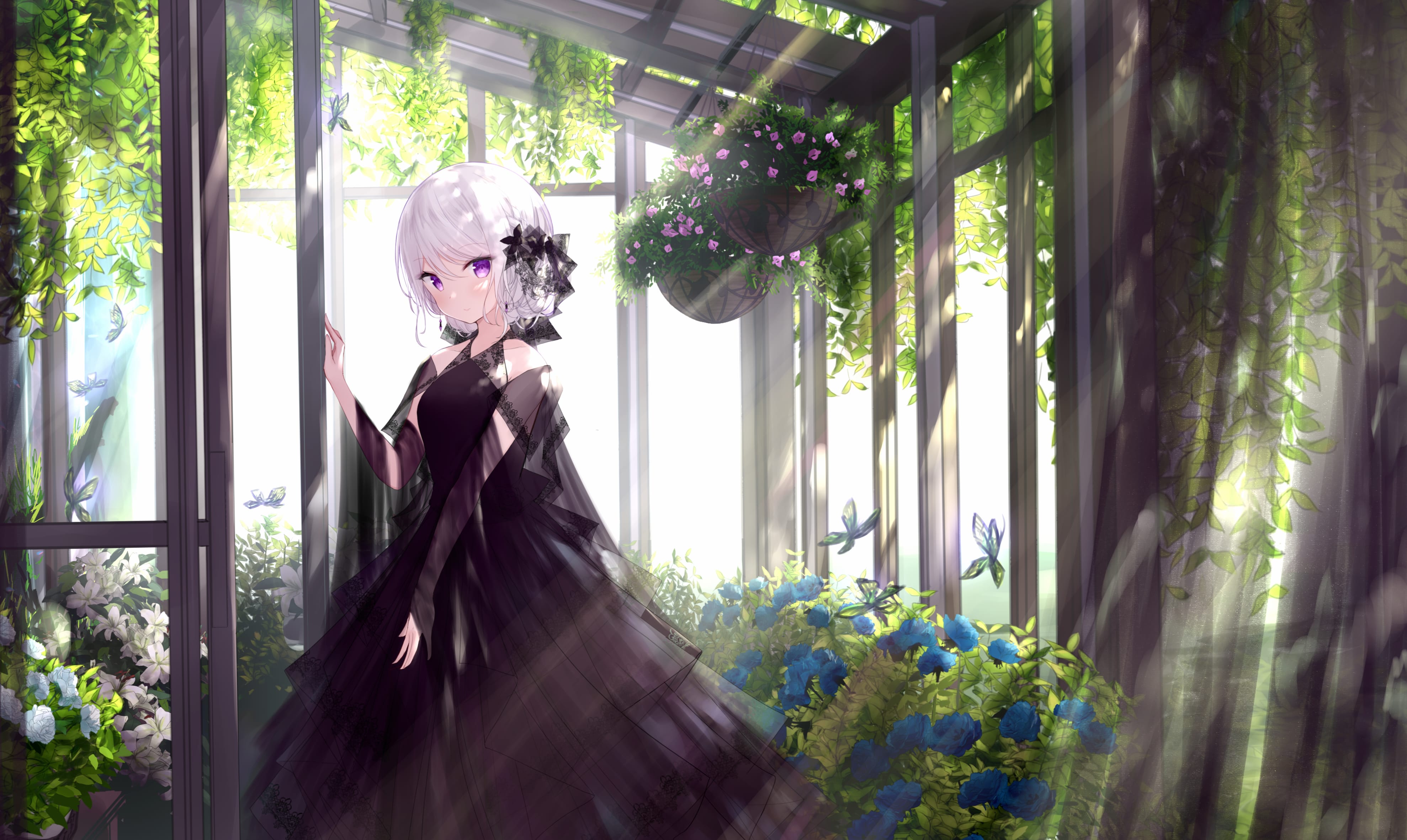 White-Haired Anime Girl in Garden - wallpapers HD quality