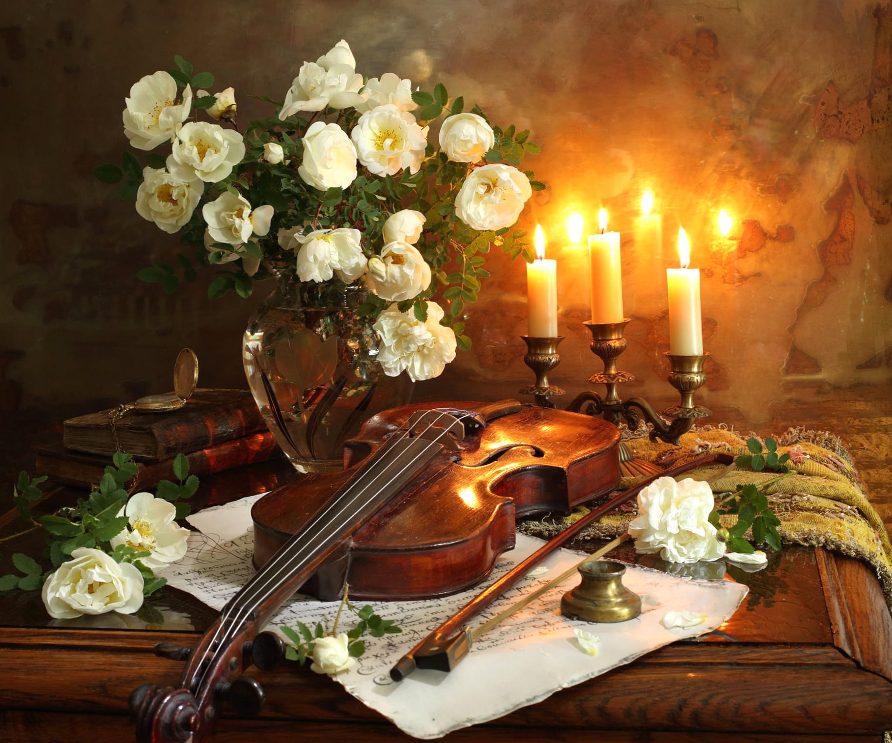 White Flower Book Candle Vase Violin Flower Photography Still Life at 640 x 960 iPhone 4 size wallpapers HD quality