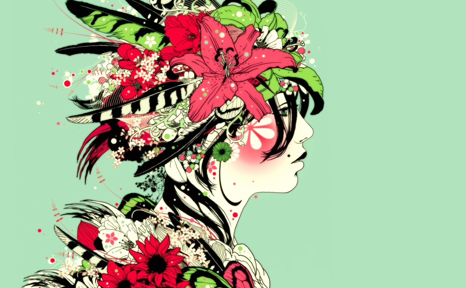 White Green Pink Drawing Flower Woman Artistic wallpapers HD quality