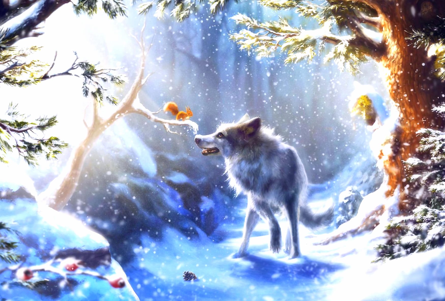 Winter Forest Harmony Wolf and Squirrel at 1024 x 1024 iPad size wallpapers HD quality