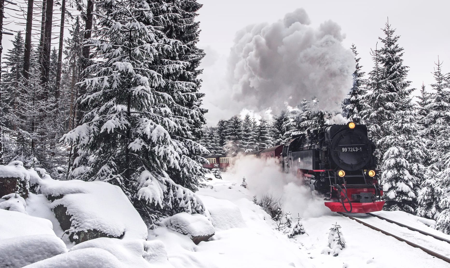 Winter Steam Train in Snowy Forest - wallpapers HD quality