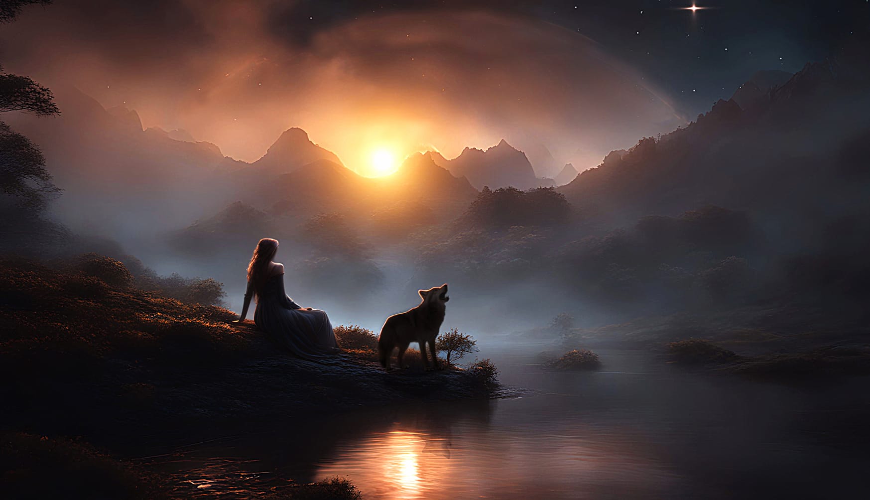 Wolf Woman Sunset Nature Lake at 1152 x 864 size wallpapers HD quality