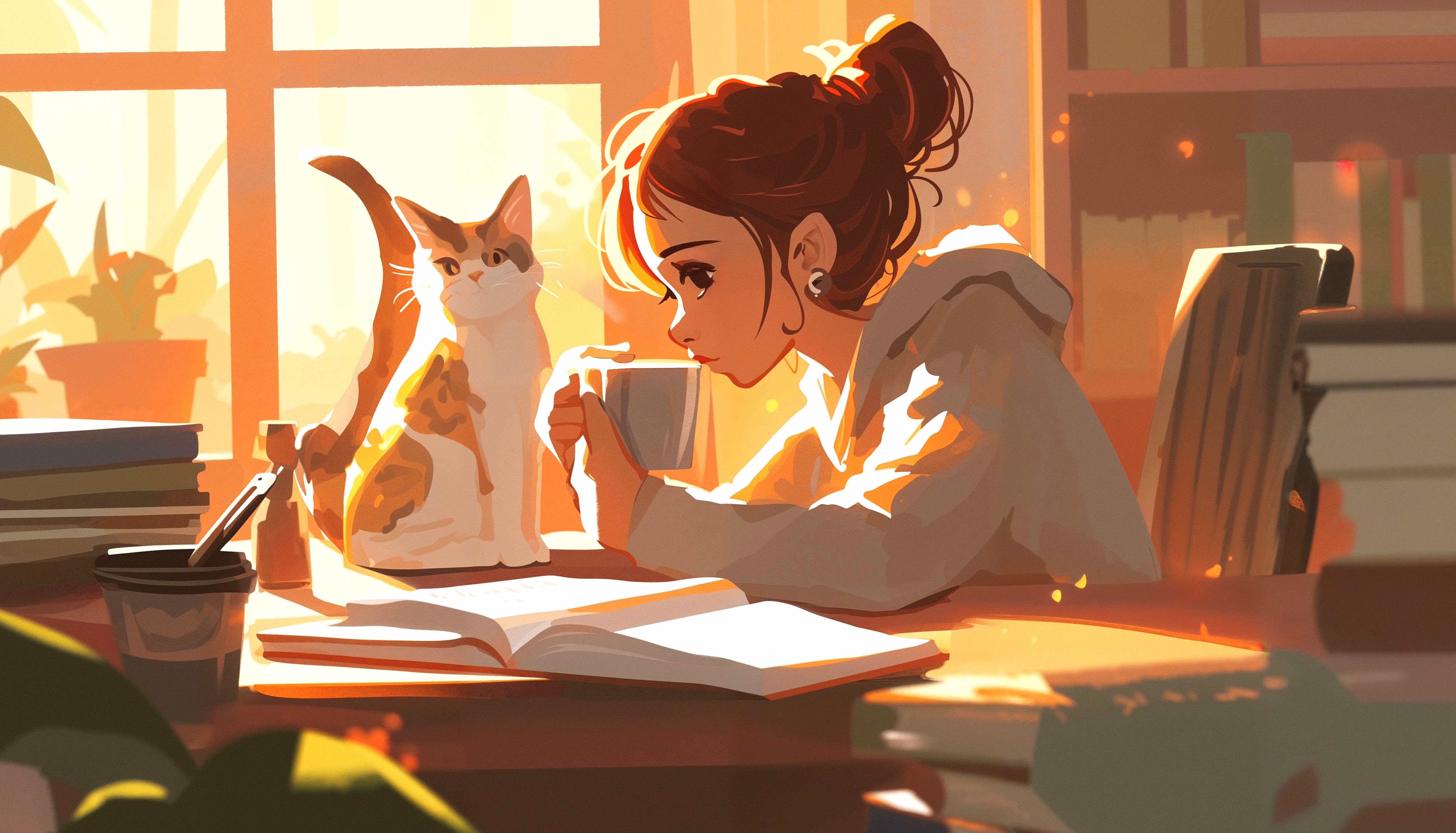 Woman and Cat Studying - at 1920 x 1080 HD size wallpapers HD quality