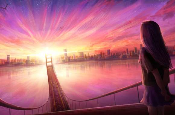 4K Anime Sunset Over The Bridge wallpapers hd quality