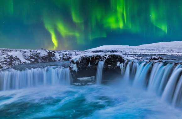 4K Ultra Aurora Borealis Over Goðafoss Waterfall, Iceland